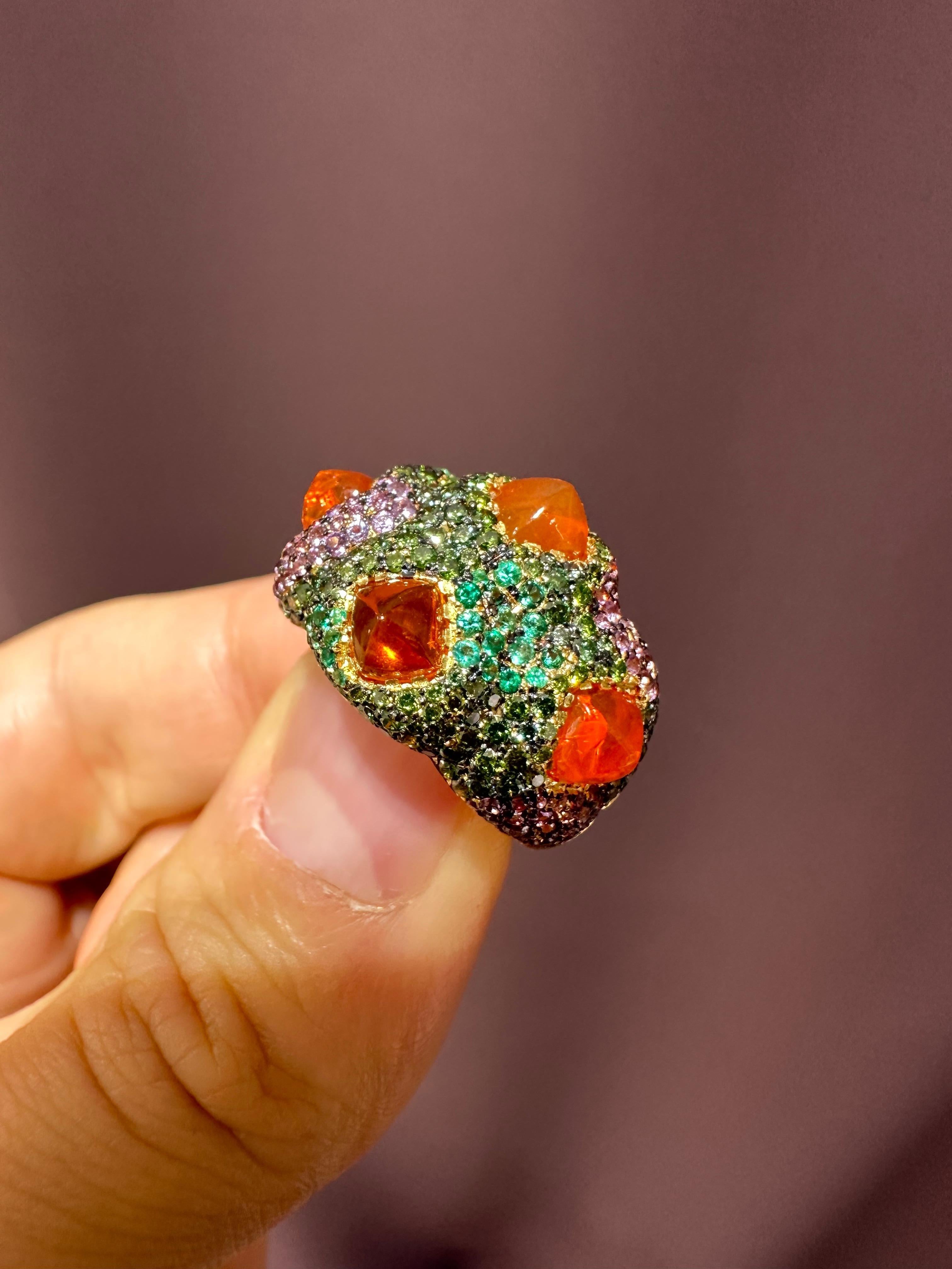 Rosior Fire Opal, Diamond, Emerald and Sapphire Cocktail Ring set in Yellow Gold In New Condition In Porto, PT