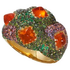 Rosior Fire Opal, Diamond, Emerald and Sapphire Cocktail Ring set in Yellow Gold