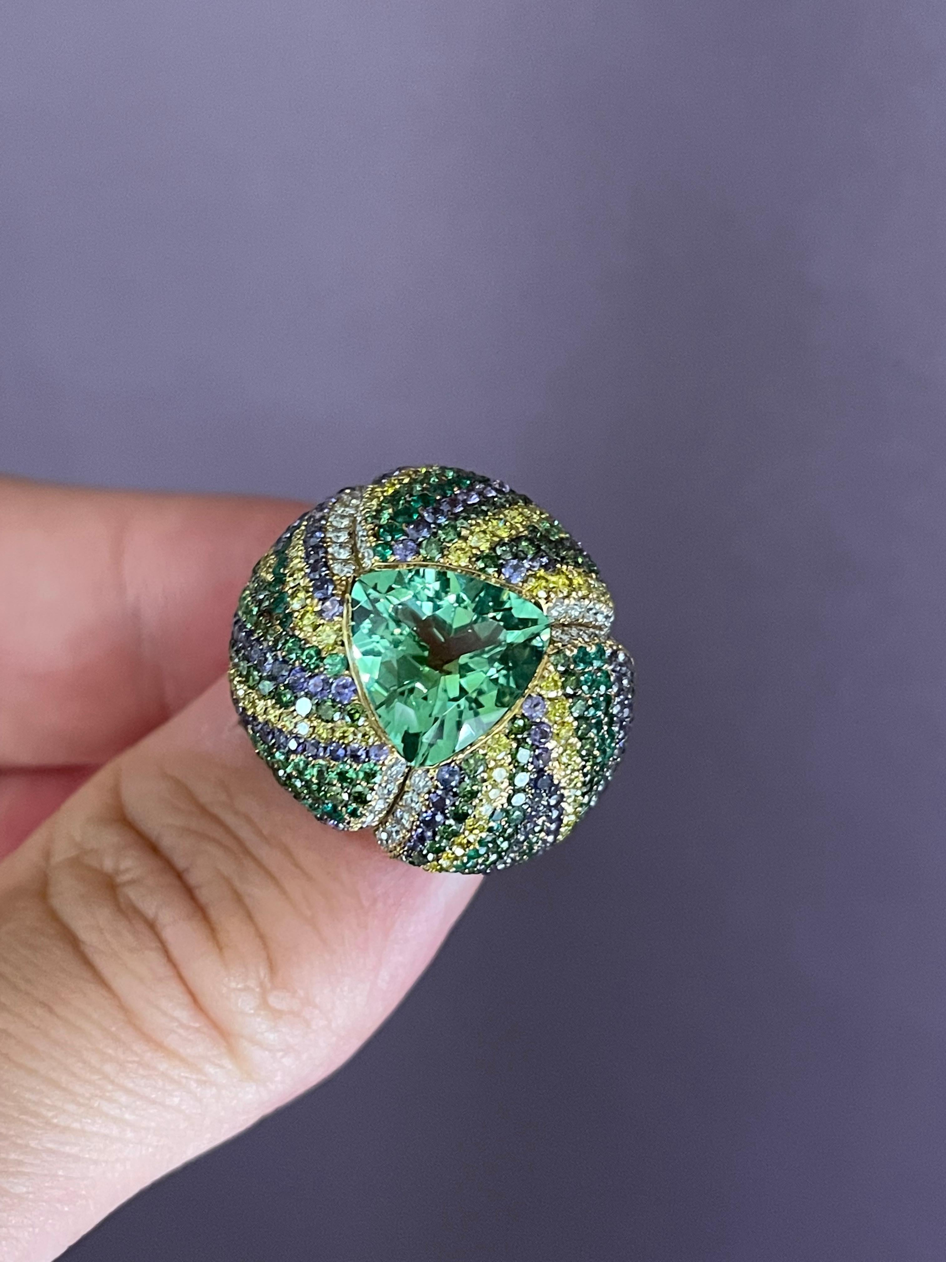 Contemporary Rosior Green Tourmaline, Sapphire, Diamond, Tsavorite and Emerald Cocktail Ring