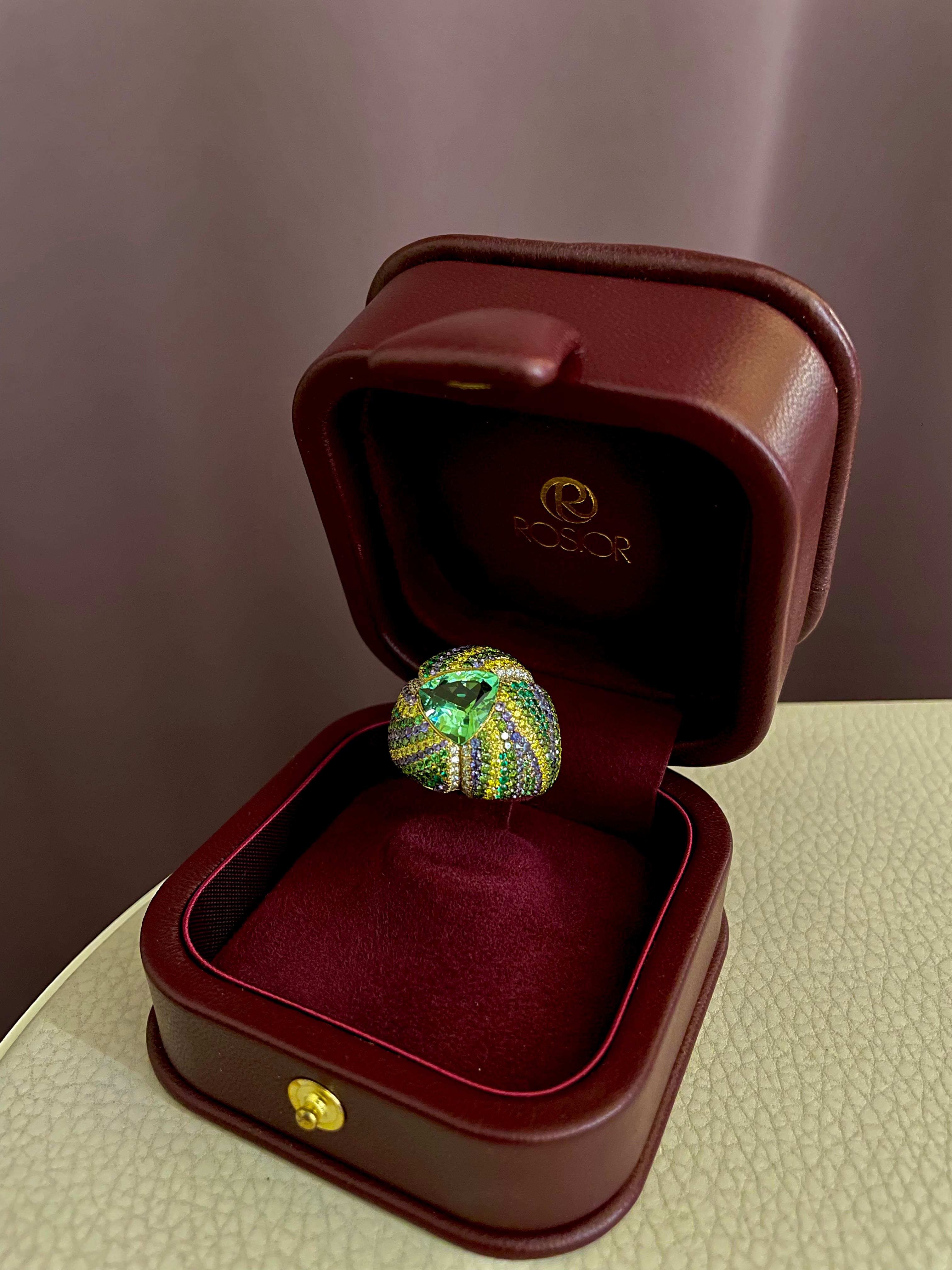 Round Cut Rosior Green Tourmaline, Sapphire, Diamond, Tsavorite and Emerald Cocktail Ring