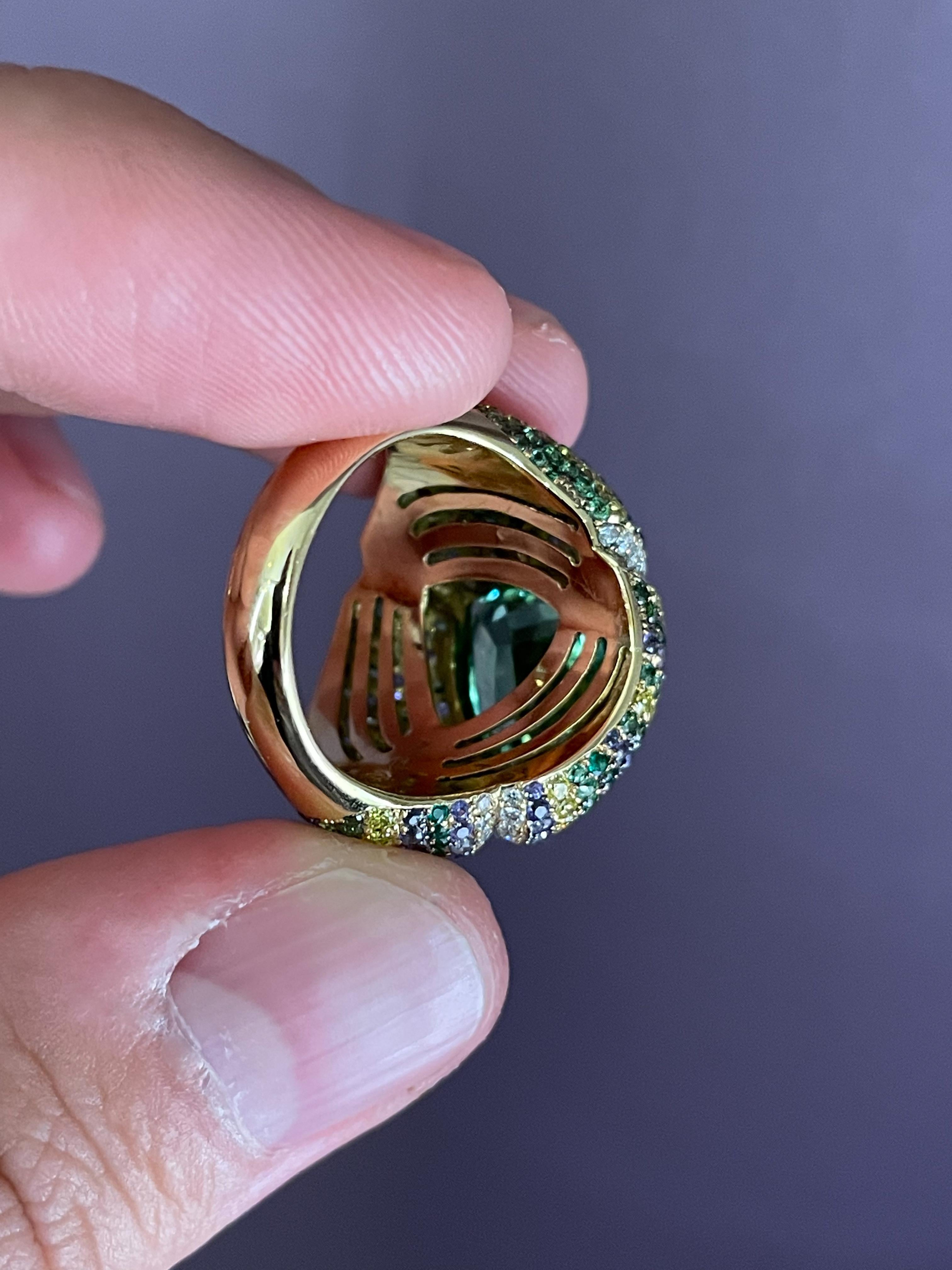 Rosior Green Tourmaline, Sapphire, Diamond, Tsavorite and Emerald Cocktail Ring In New Condition In Porto, PT
