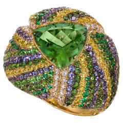 Rosior Green Tourmaline, Sapphire, Diamond, Tsavorite and Emerald Cocktail Ring