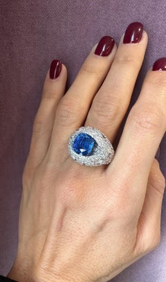 Rosior GRS Certified 7.03 ct Royal Blue Sapphire and Diamond Cocktail Ring