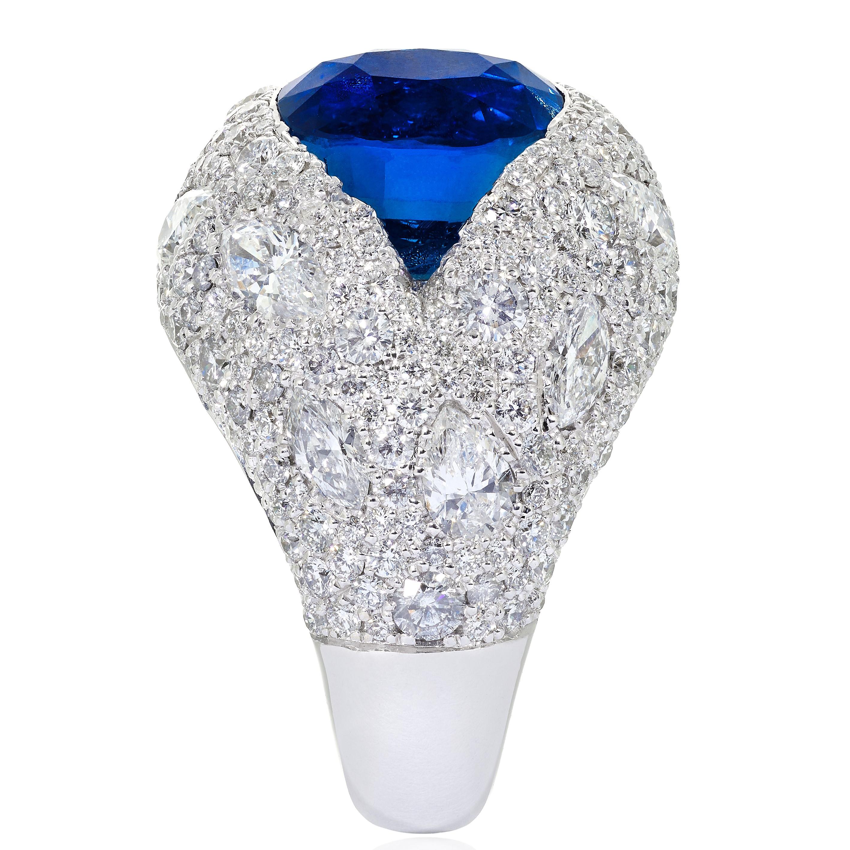 Cushion Cut Rosior GRS Certified 7.03 ct Royal Blue Sapphire and Diamond Cocktail Ring  