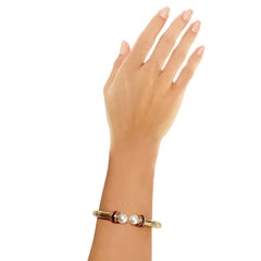 Hand Engraved Yellow Gold Open Bangle Bracelet with Pearls and Rubis