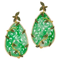Rosior Jade and Diamond Long Dangle Earrings set in Yellow Gold