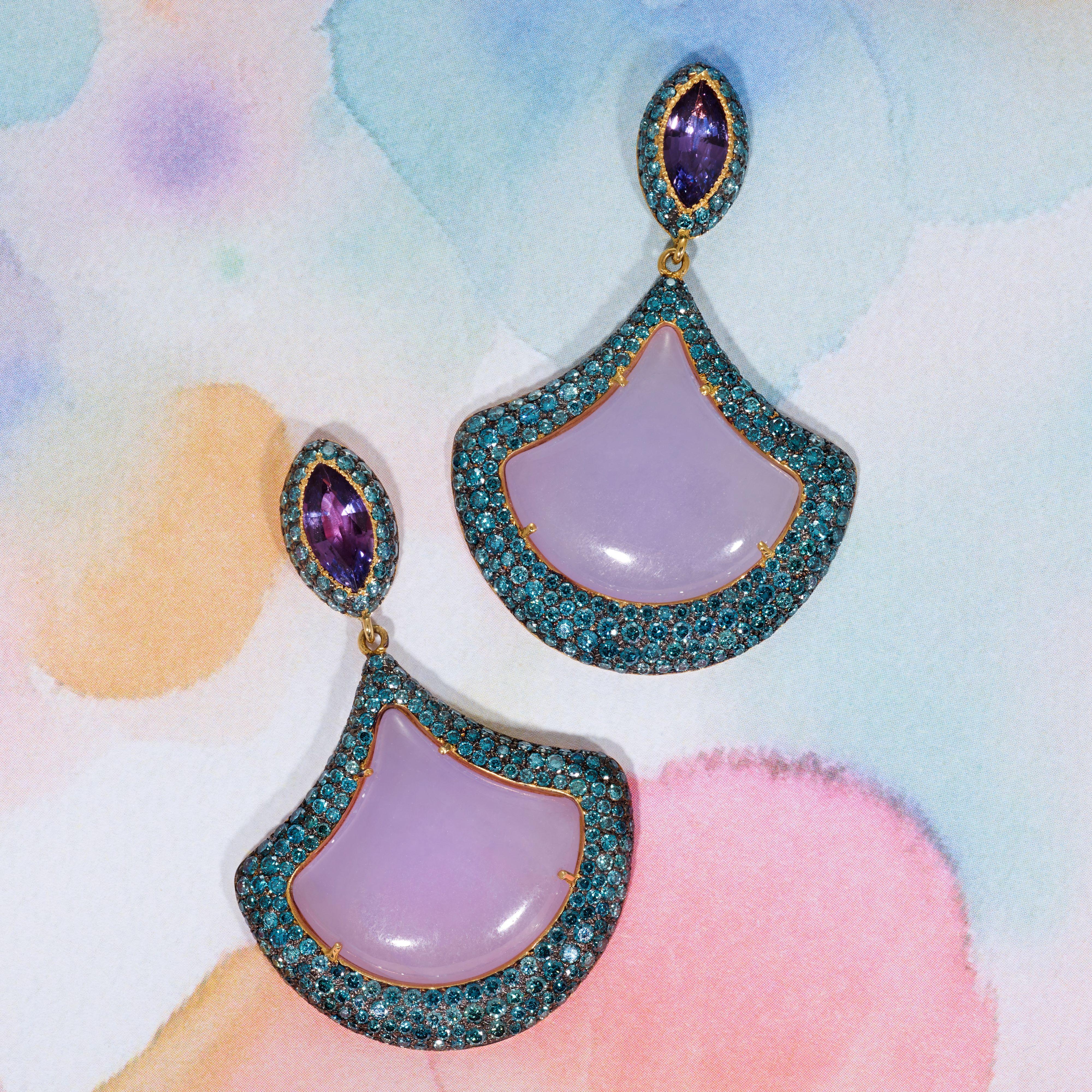 Contemporary Rosior Jade, Sapphire and Diamond Dangle Earrings set in Yellow Gold
