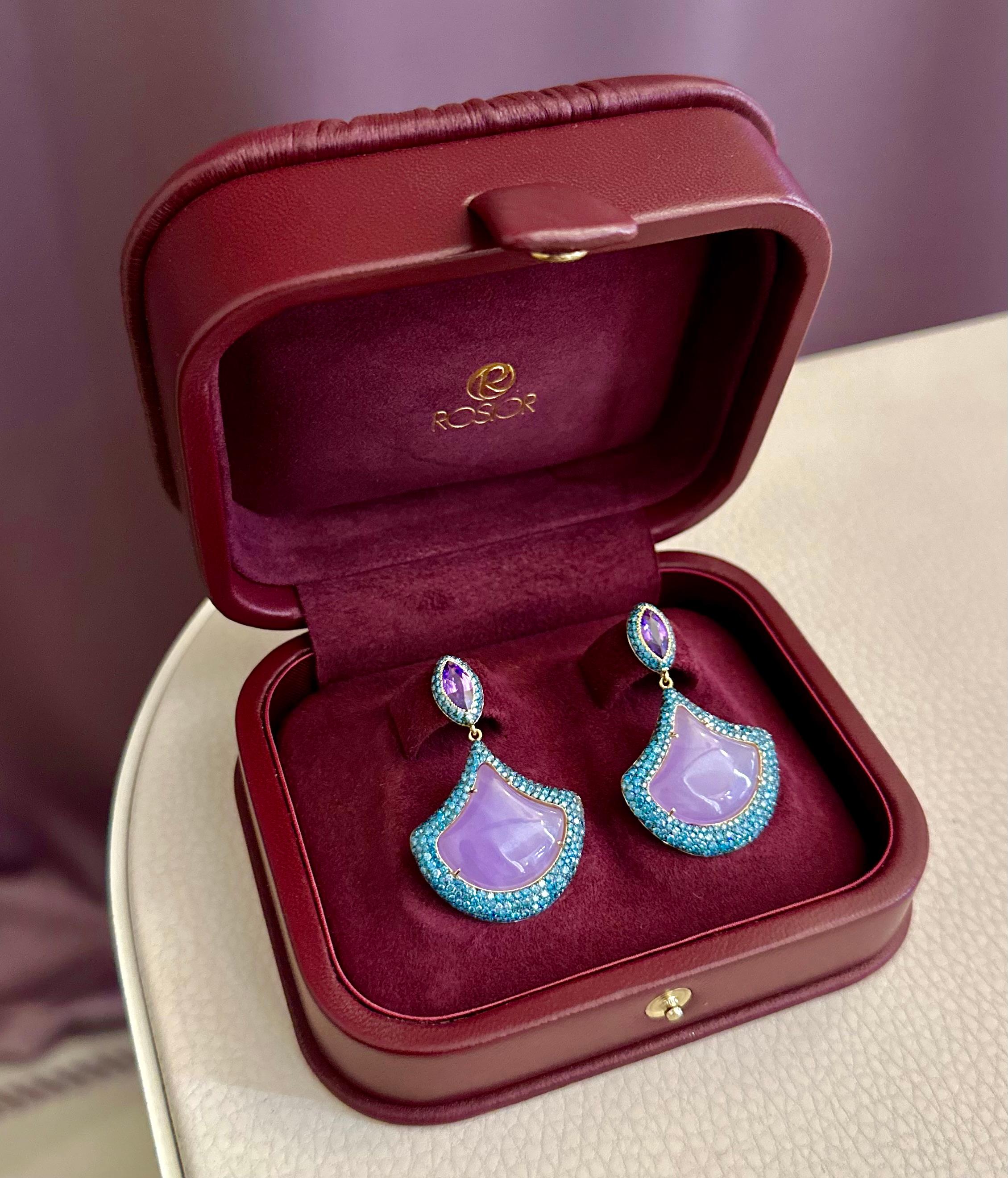 Mixed Cut Rosior Jade, Sapphire and Diamond Dangle Earrings set in Yellow Gold