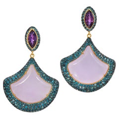 Rosior Jade, Sapphire and Diamond Dangle Earrings set in Yellow Gold