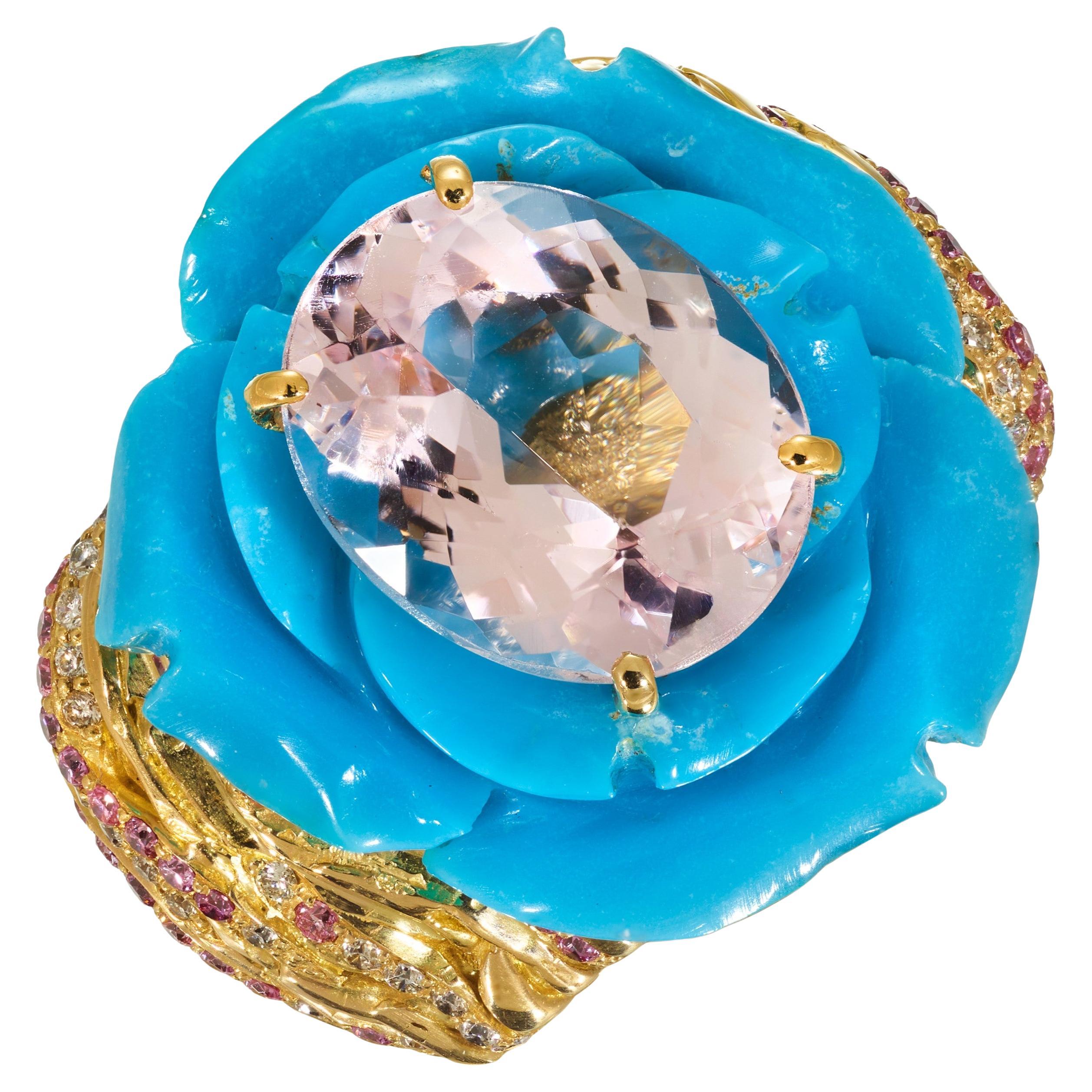 Rosior Anillo Cóctel Flor de Kunzita, Turquesa y Diamantes engastado en Oro Amarillo en venta