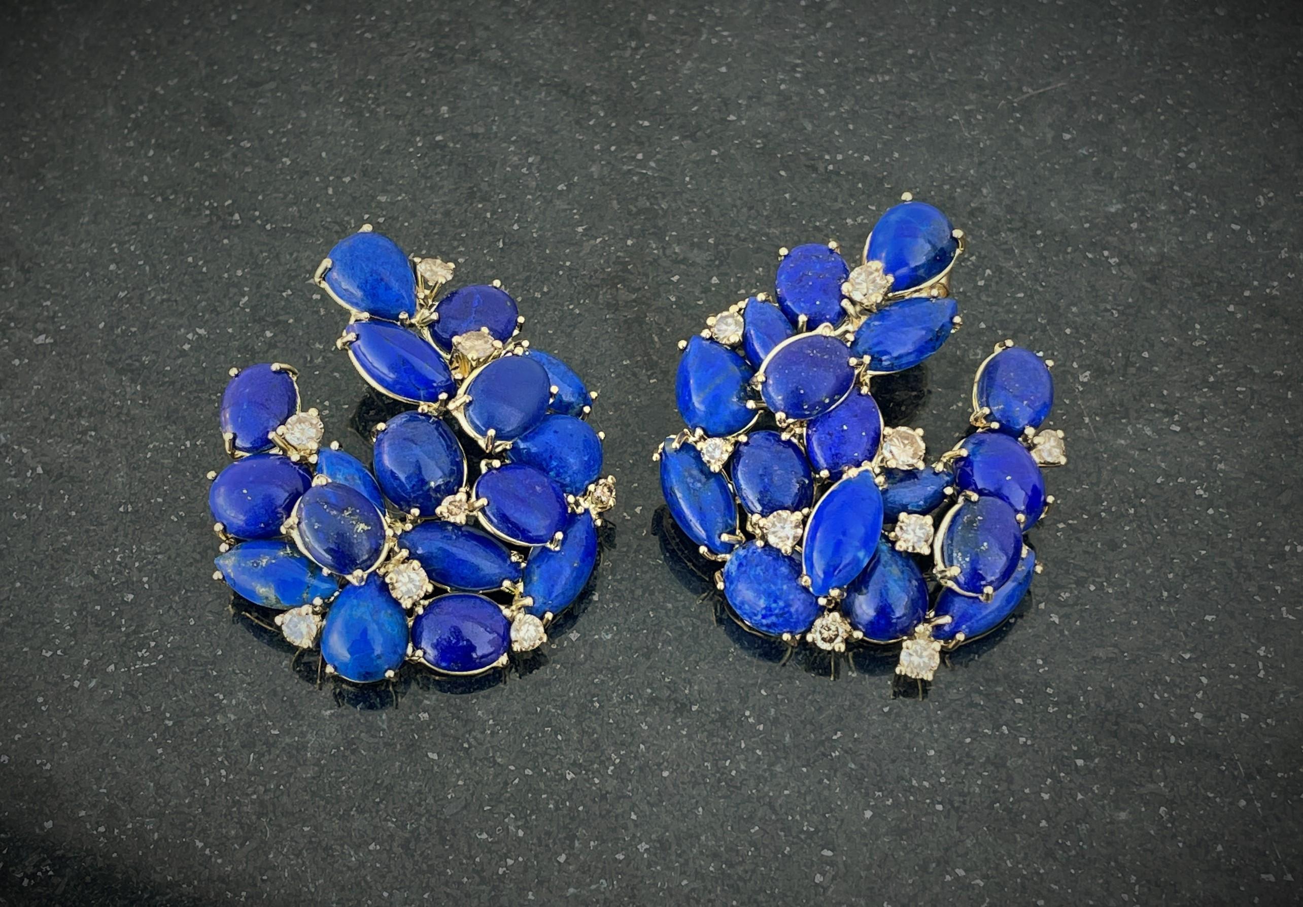 Contemporary Rosior one-off earrings in Lapis Lazuli and Diamond Set in Yellow Gold