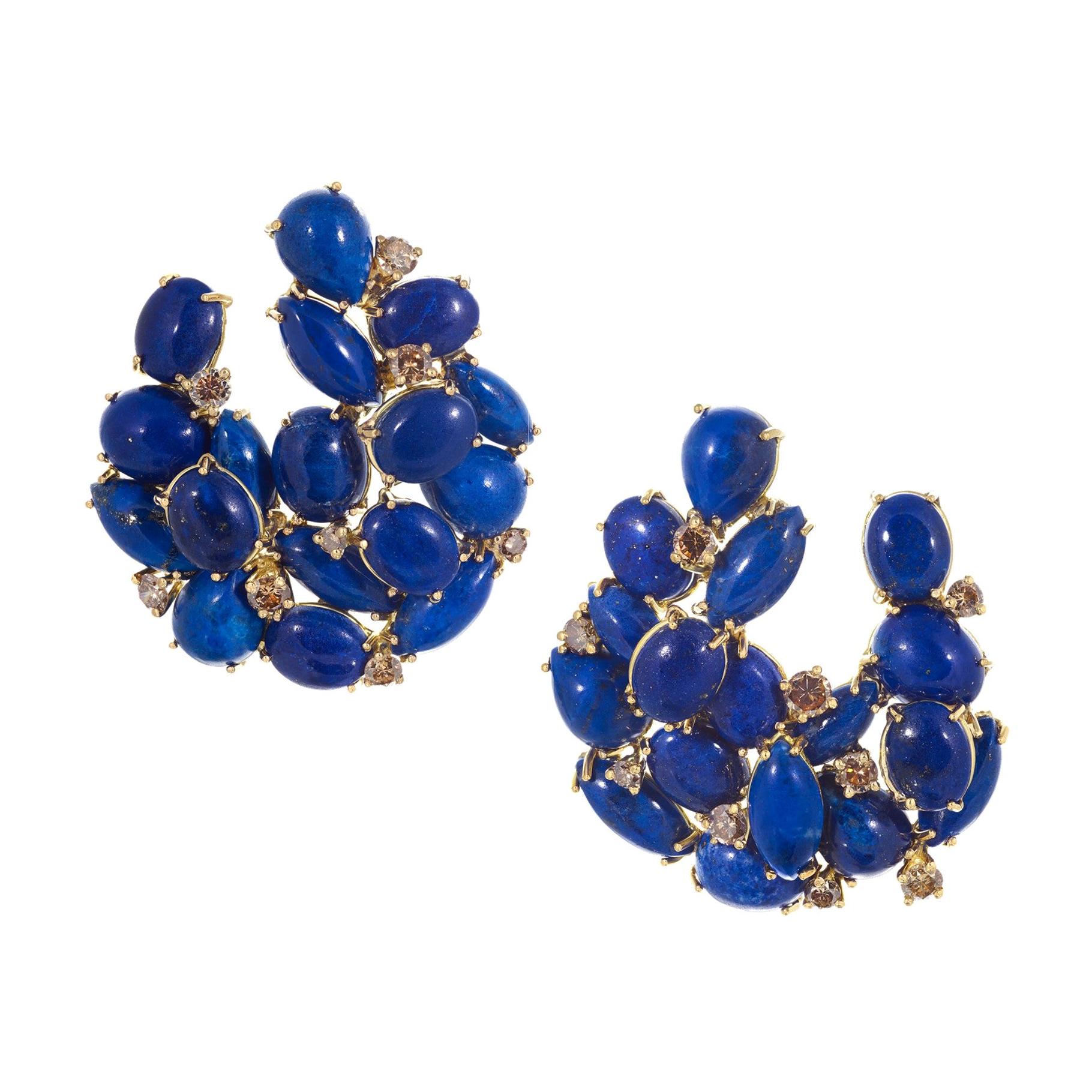 Rosior one-off earrings in Lapis Lazuli and Diamond Set in Yellow Gold