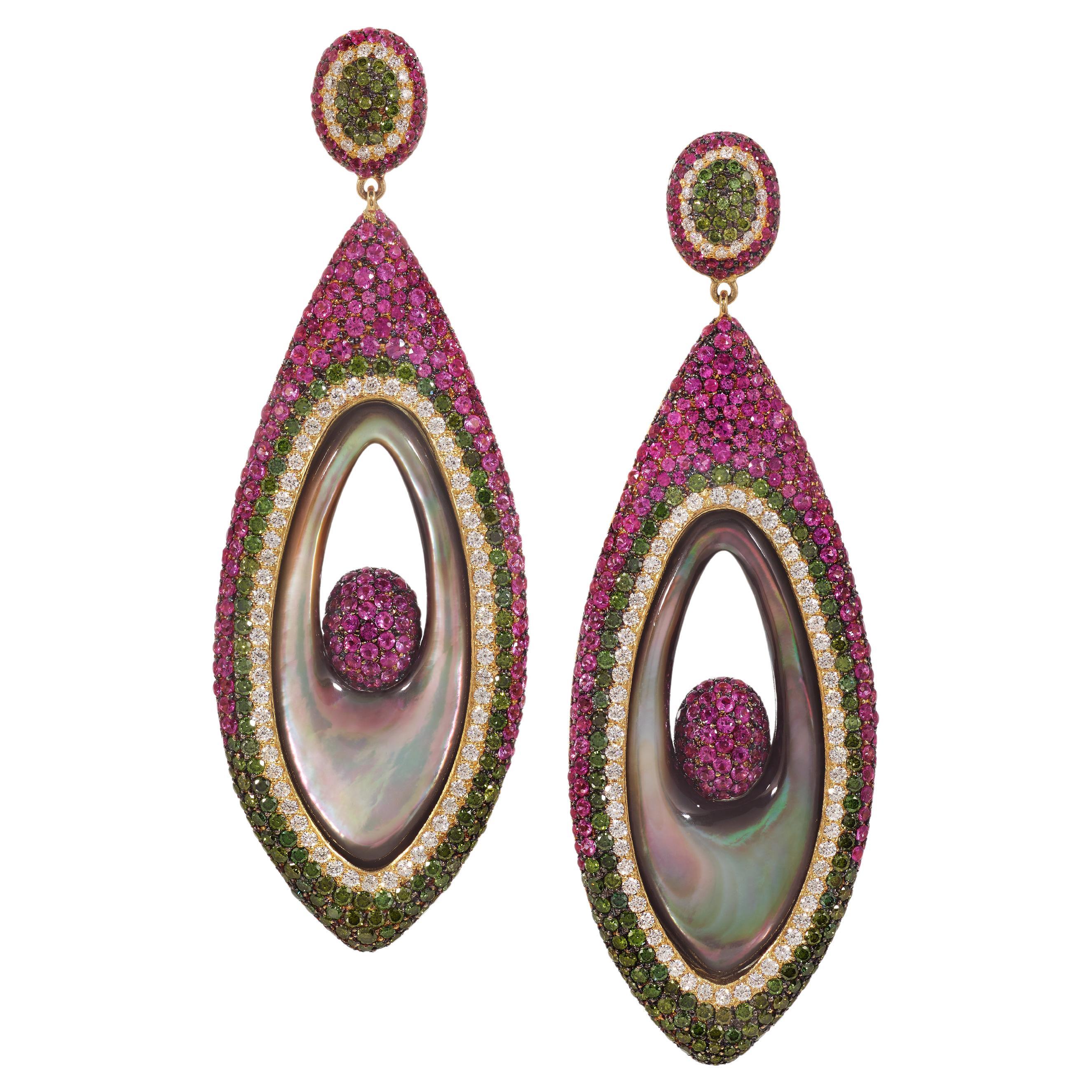 Rosior Mother-of-Pearl Long Dangle Earrings set with Sapphires and Diamonds  For Sale