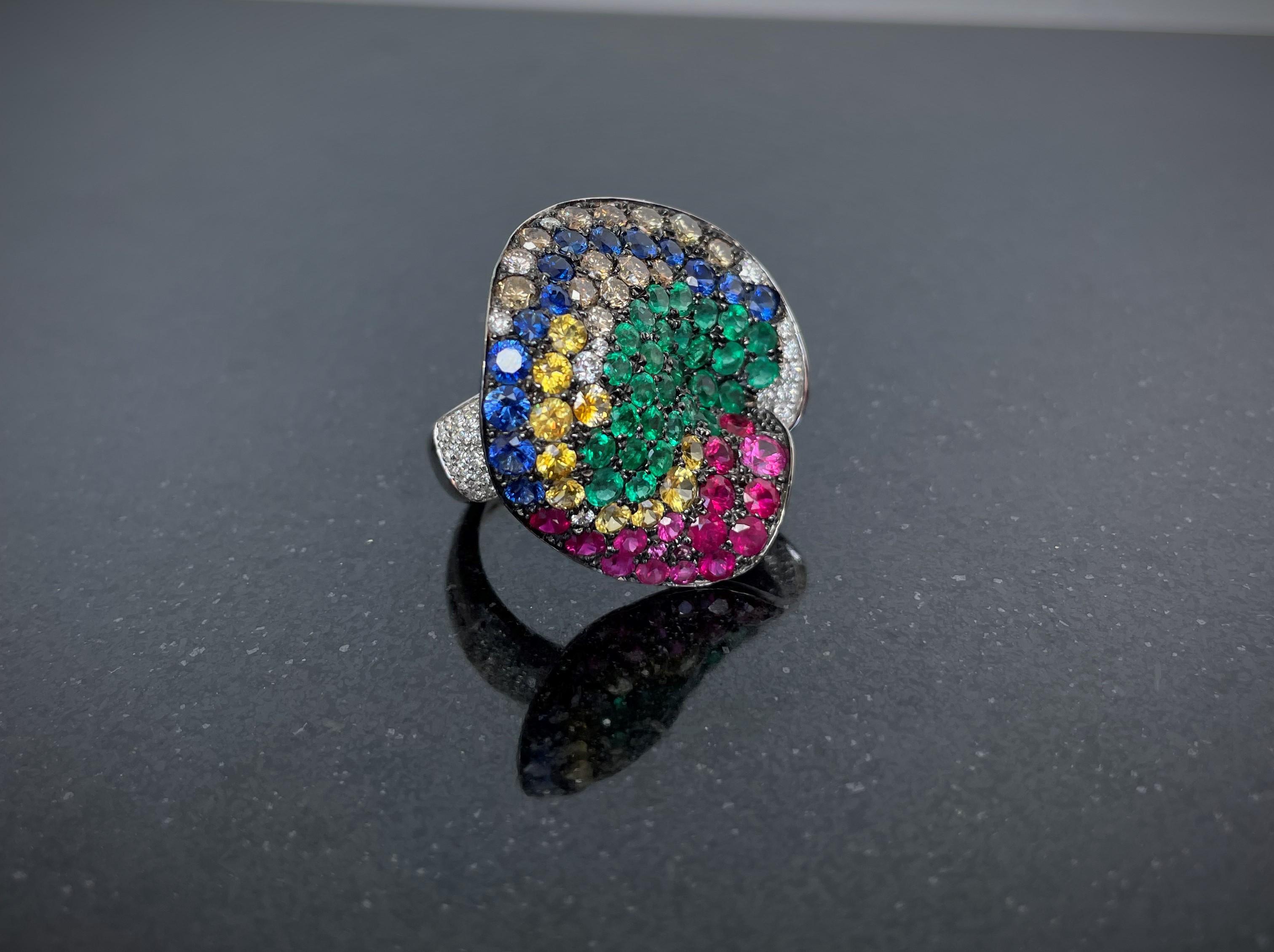 Rosior Bague cocktail en or blanc et pierres précieuses multicolores en vente 2