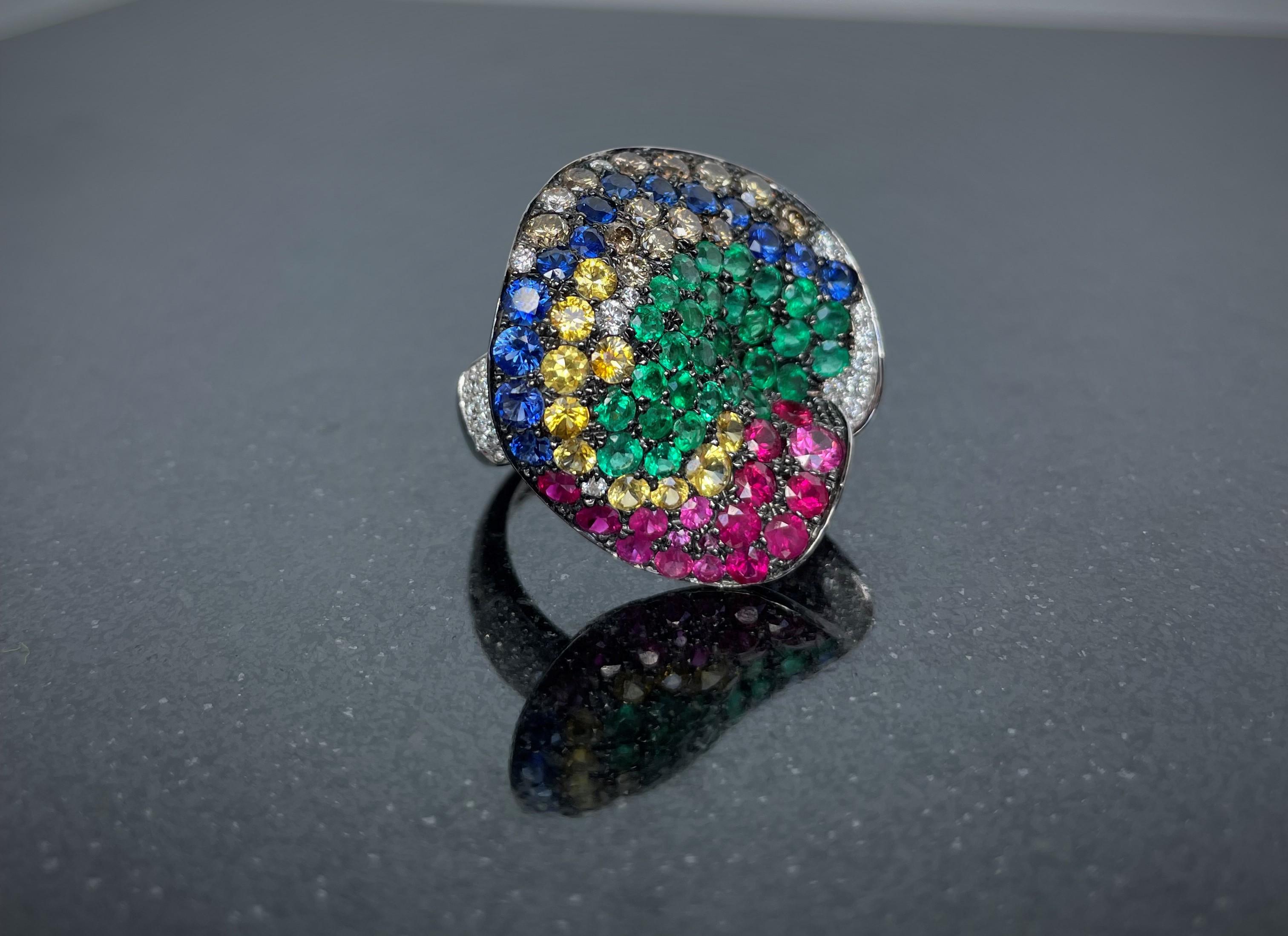 Rosior Bague cocktail en or blanc et pierres précieuses multicolores en vente 3