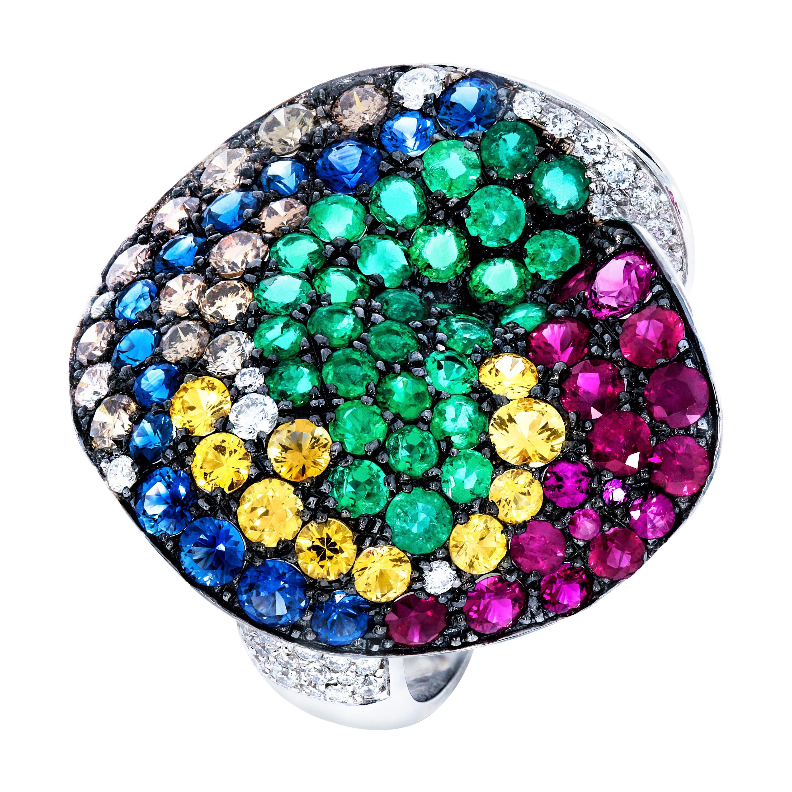 Rosior one-off Multicolor Gemstone Cocktail Ring set in White Gold