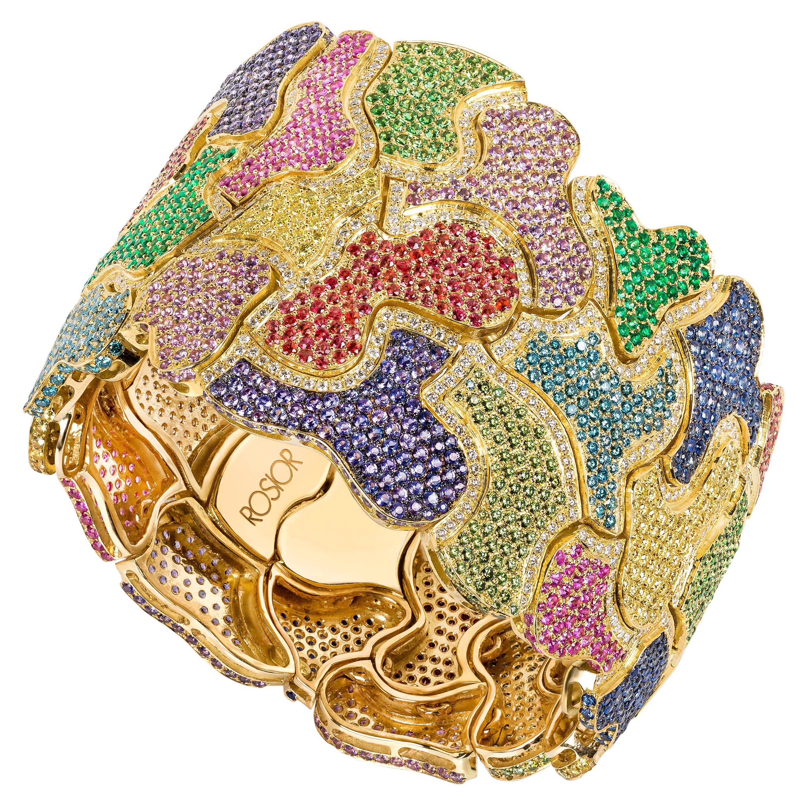 Rosior one-off Multicolor Gemstone Cuff Bracelet set in Yellow Gold