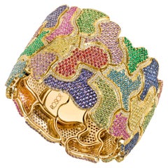 Rosior Einzigartiges Multicolor-Edelstein-Manschettenarmband aus Gelbgold