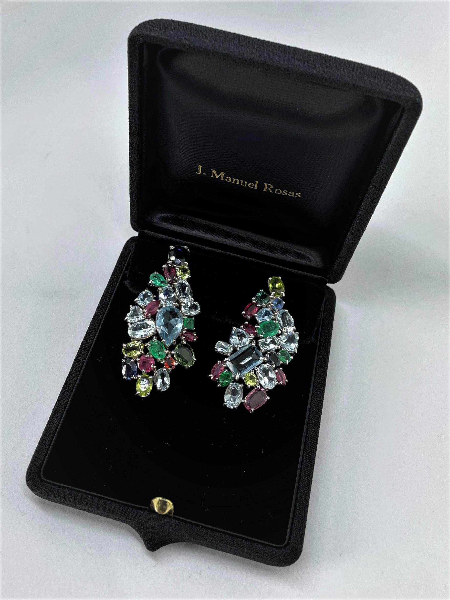 Round Cut Rosior Multicolor Gemstone Drop Earrings in White Gold