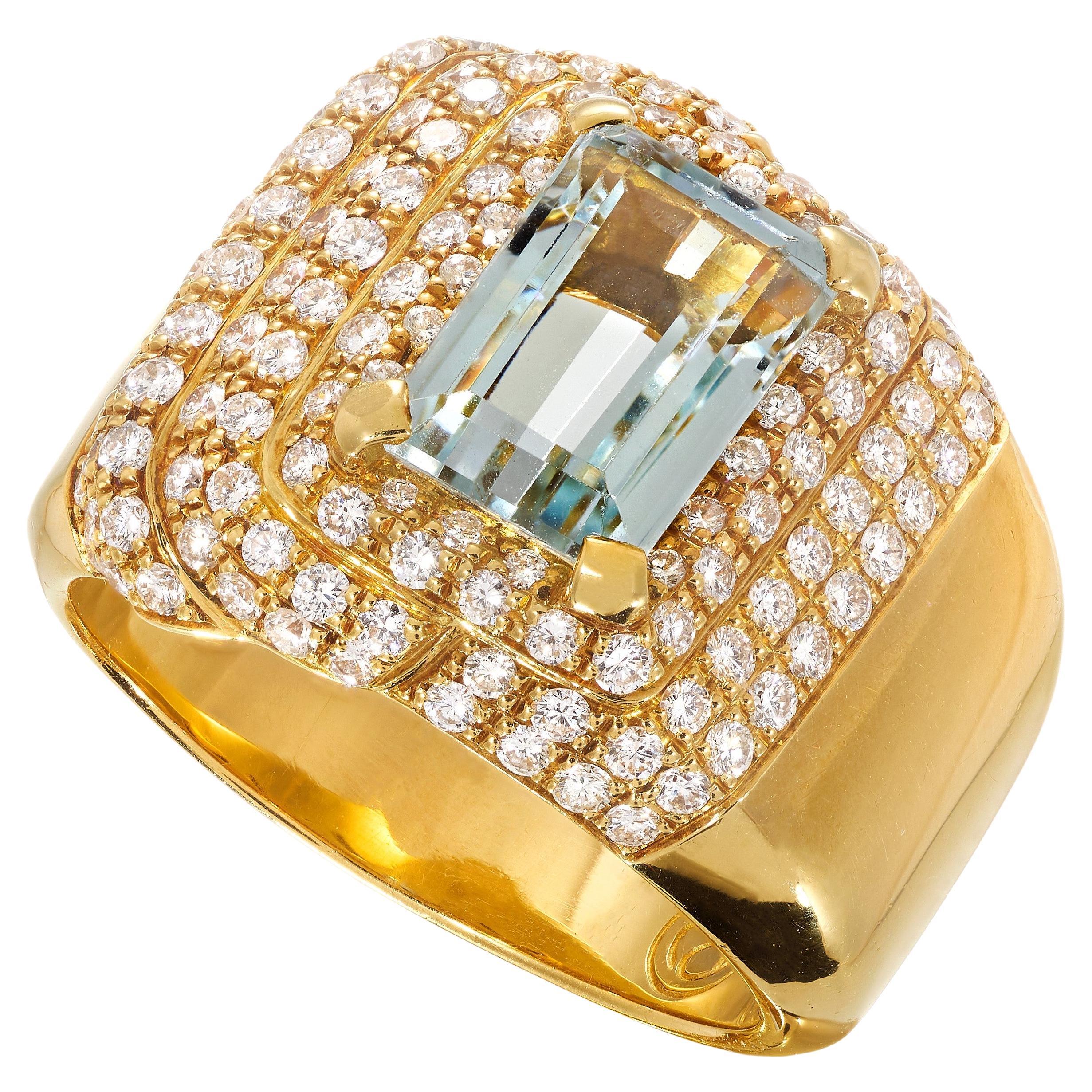 Zeitgenössischer Cocktailring mit Aquamarin und Diamant aus Gelbgold