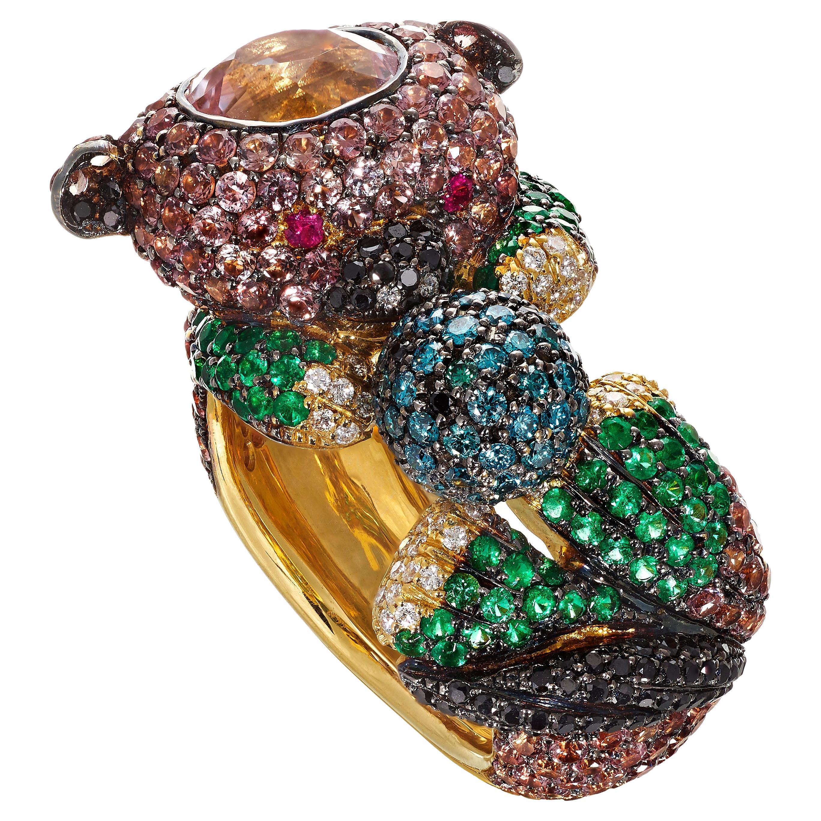 Rosior One-off "Baby Bear" Multicolor Gemstone Cocktail Ring in Yellow Gold