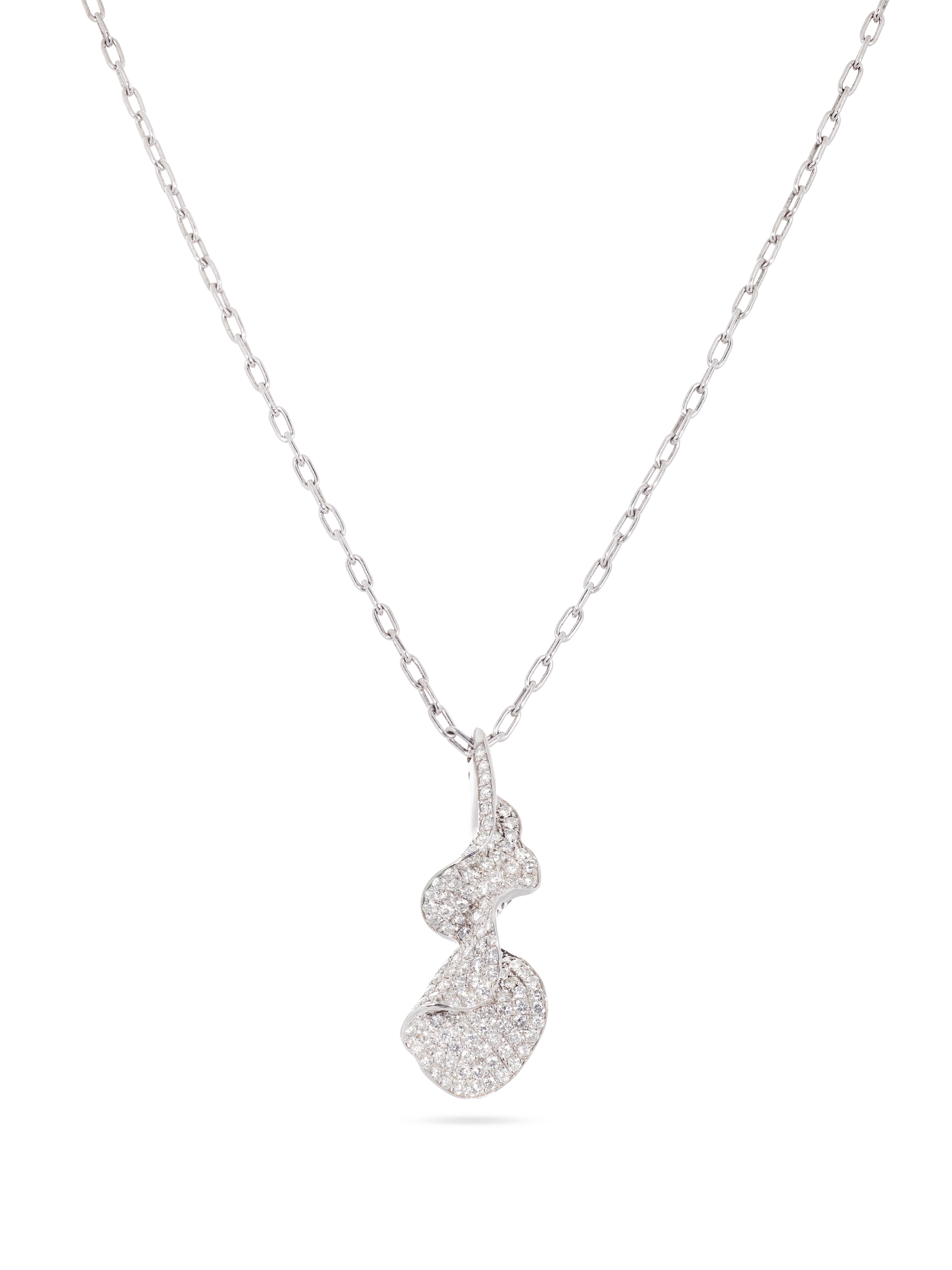Rosior one-off Contemporary Pendant Necklace set in White Gold with 142 F color, VVS clarity Diamonds with total weight of 2,50 ct.
Pendant is 1.57