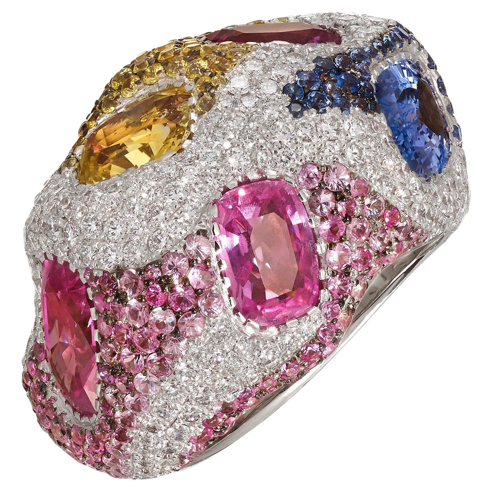 Rosior, bague cocktail unique en or blanc sertie de diamants et de saphirs