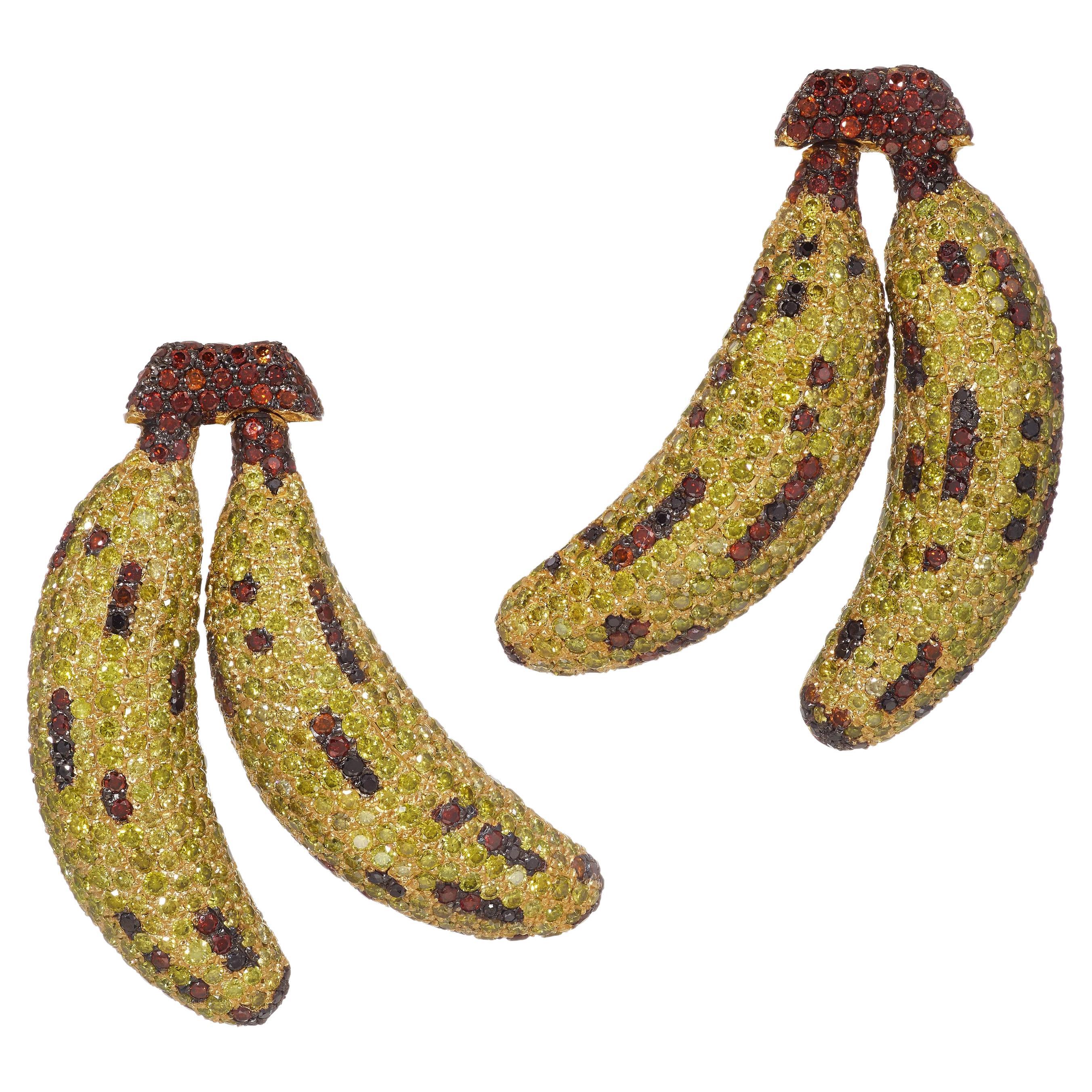 Yellow, Brown and Black Diamond "Banana" Earrings set in Yellow Gold