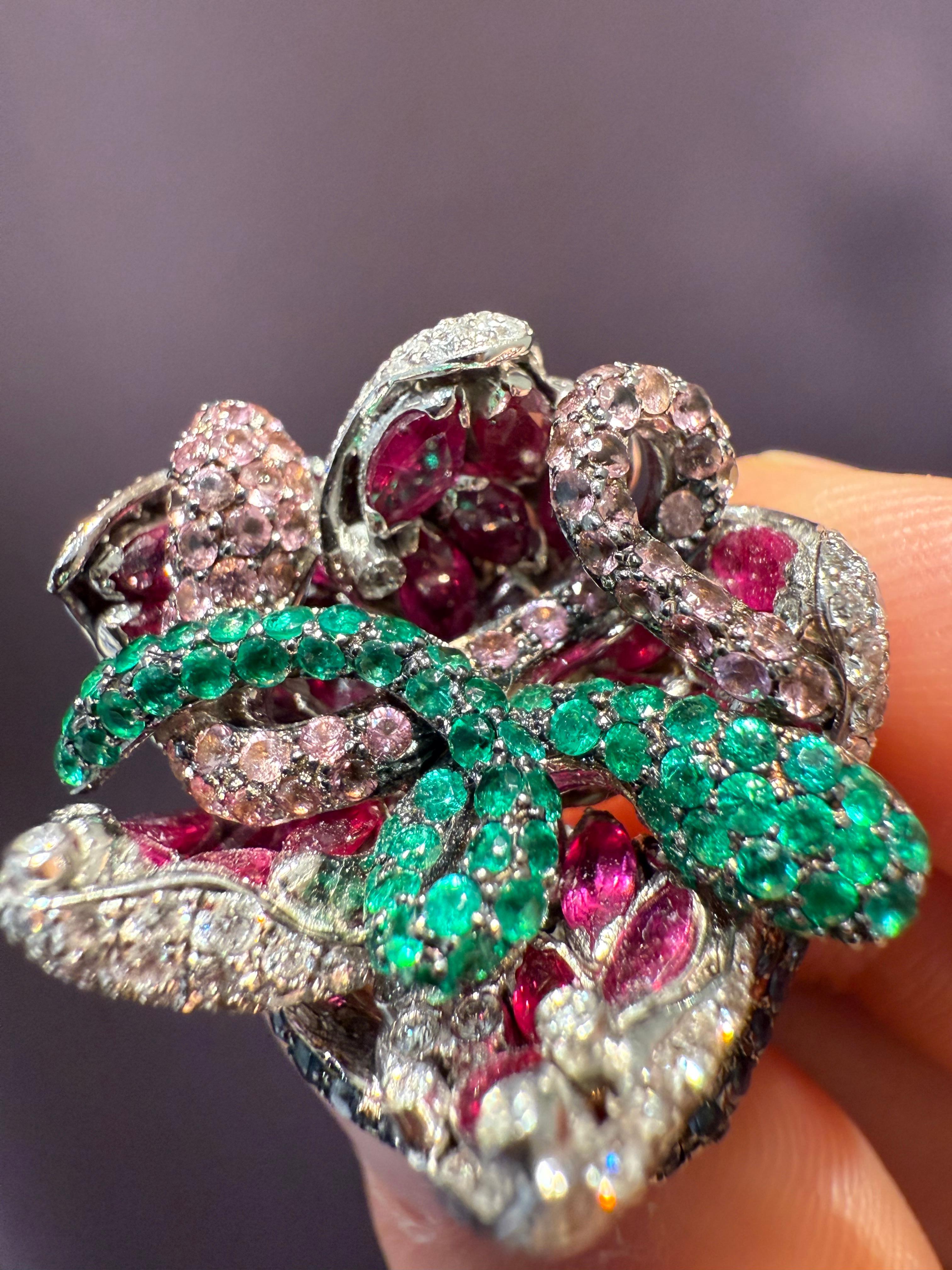 Rosior one-off Diamond, Sapphire, Tourmaline and Emerald Ring set in White Gold For Sale 4