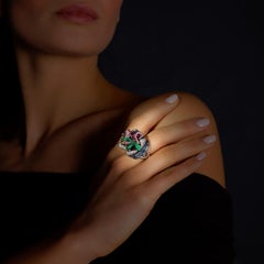 Rosior one-off Diamond, Sapphire, Tourmaline and Emerald Ring set in White Gold