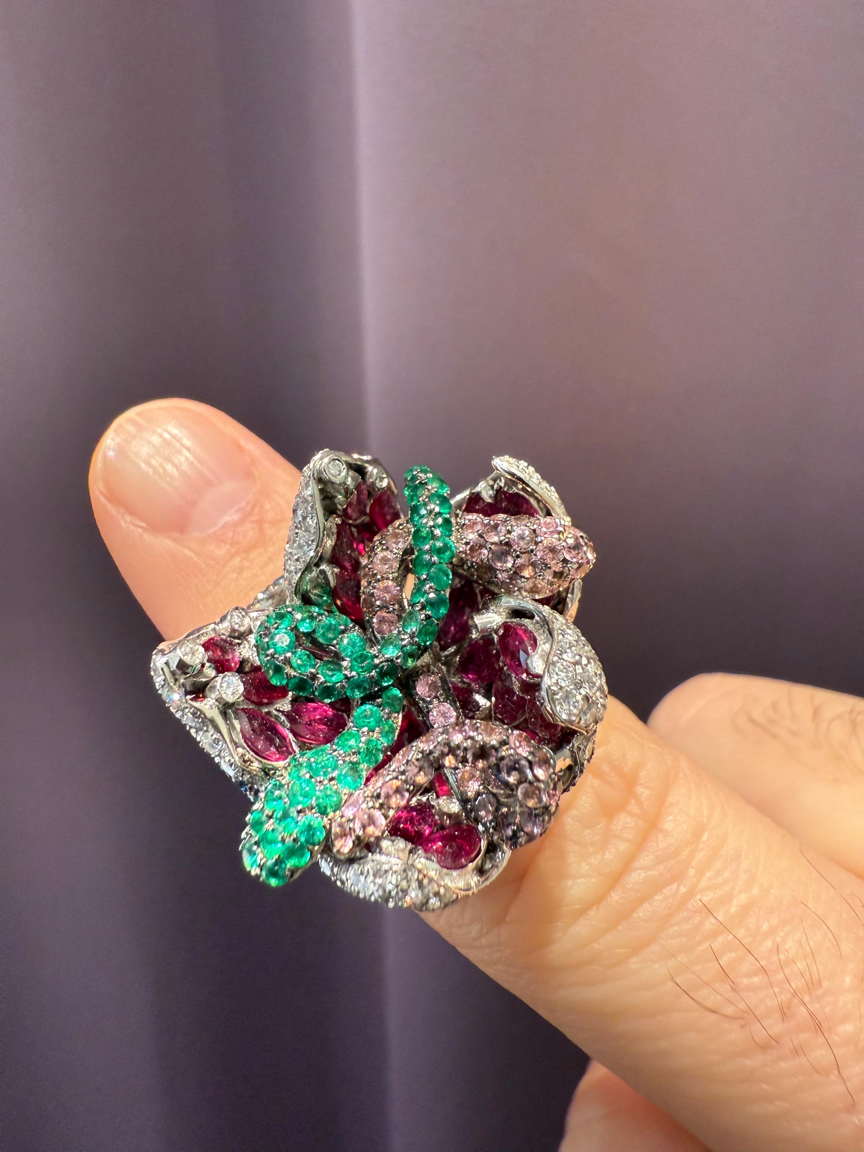 Women's or Men's Rosior one-off Diamond, Sapphire, Tourmaline and Emerald Ring set in White Gold For Sale
