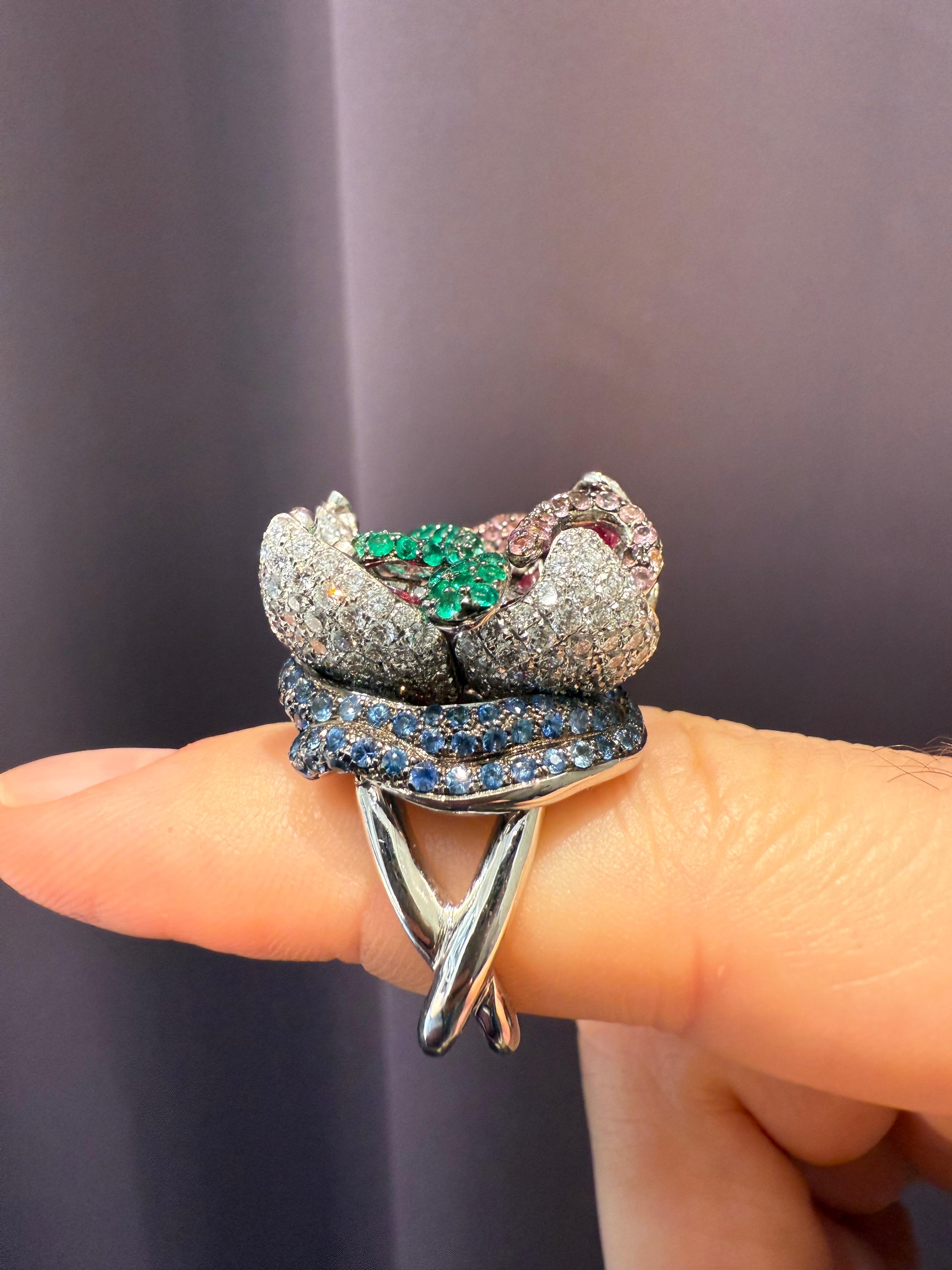Rosior one-off Diamond, Sapphire, Tourmaline and Emerald Ring set in White Gold For Sale 1