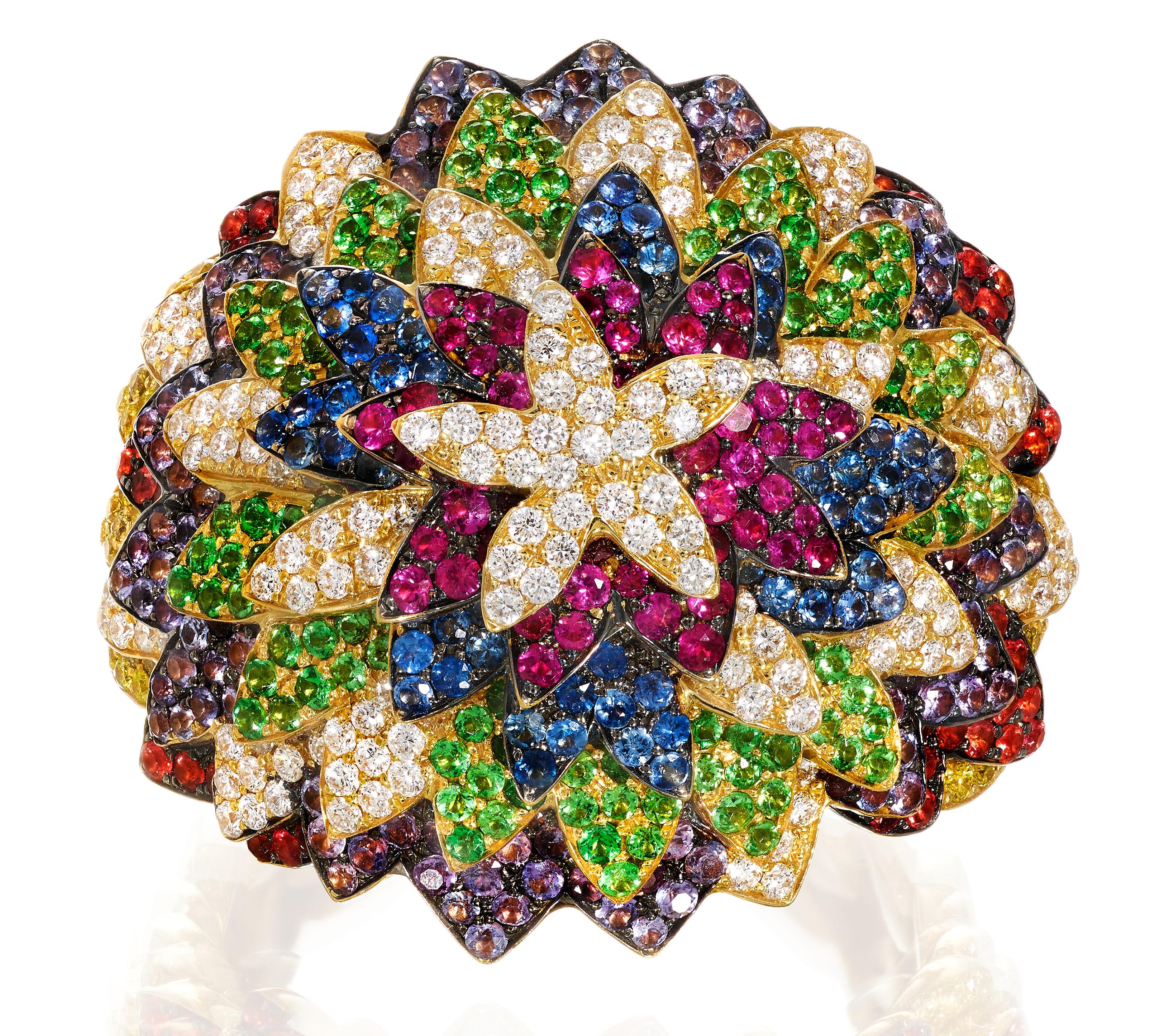 Rosior Contemporary Cocktail Ring set in 19.2 Karat Yellow Gold with:
- 175 White (F Color, VVS Clarity) Diamonds with 0,75 ct,
- 62 Yellow Diamonds with 0,24 ct,
- 64 Rubis with 0,39 ct,
- 44 Orange Sapphires with 0,32 ct,
- 122 Purple Sapphires