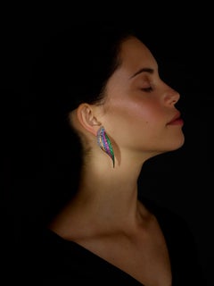 Rosior one-off Multicolor Gemstone "Long Leaf" Earrings set in White Gold