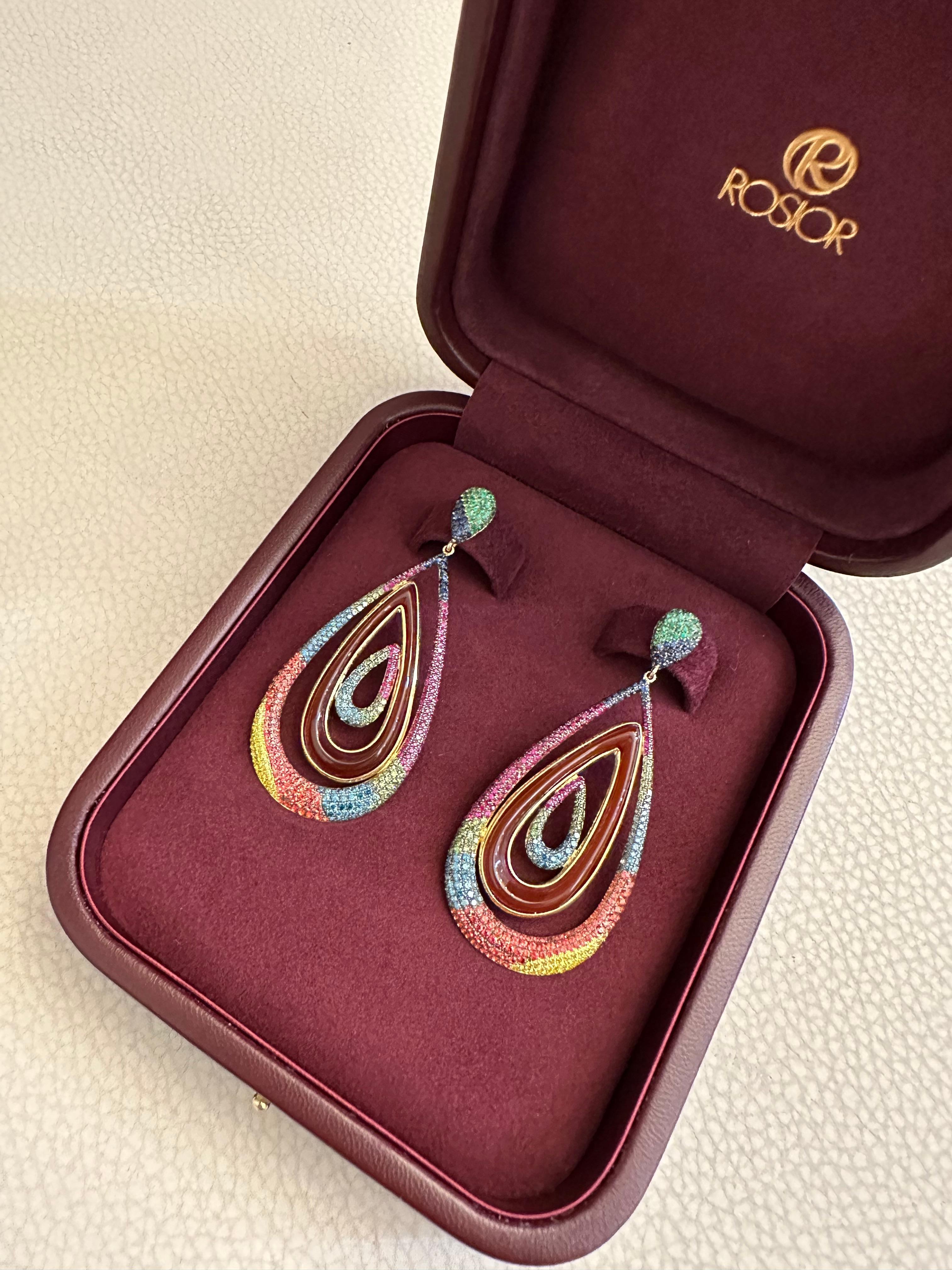 Contemporary Red Agate, Sapphire, Emerald and Diamond Pear Drop Earrings set in Yellow Gold For Sale