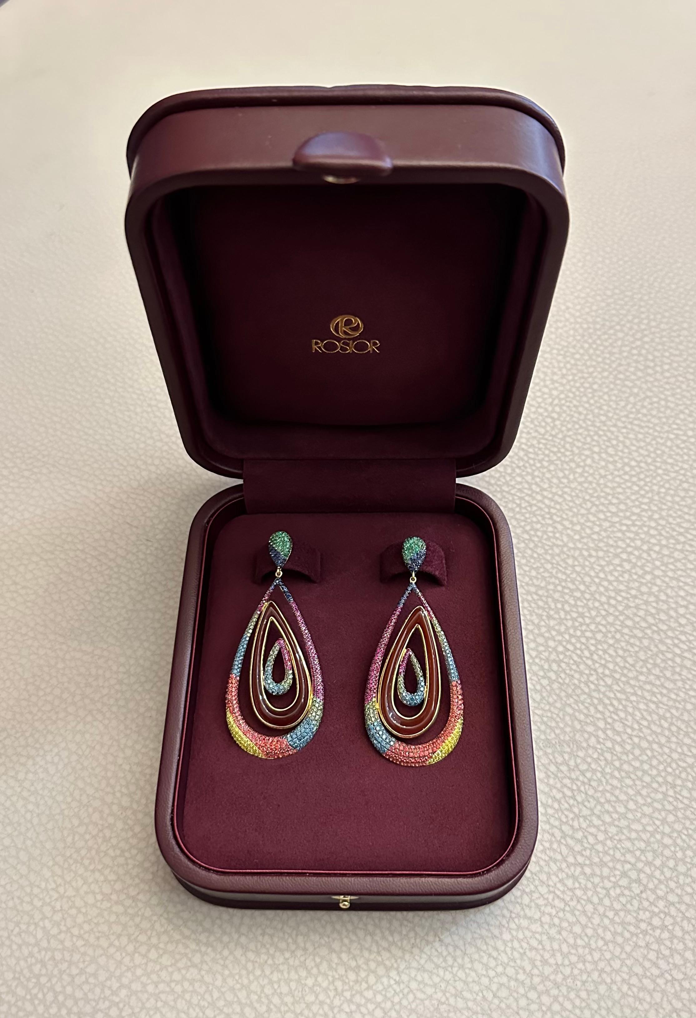 Women's or Men's Red Agate, Sapphire, Emerald and Diamond Pear Drop Earrings set in Yellow Gold For Sale