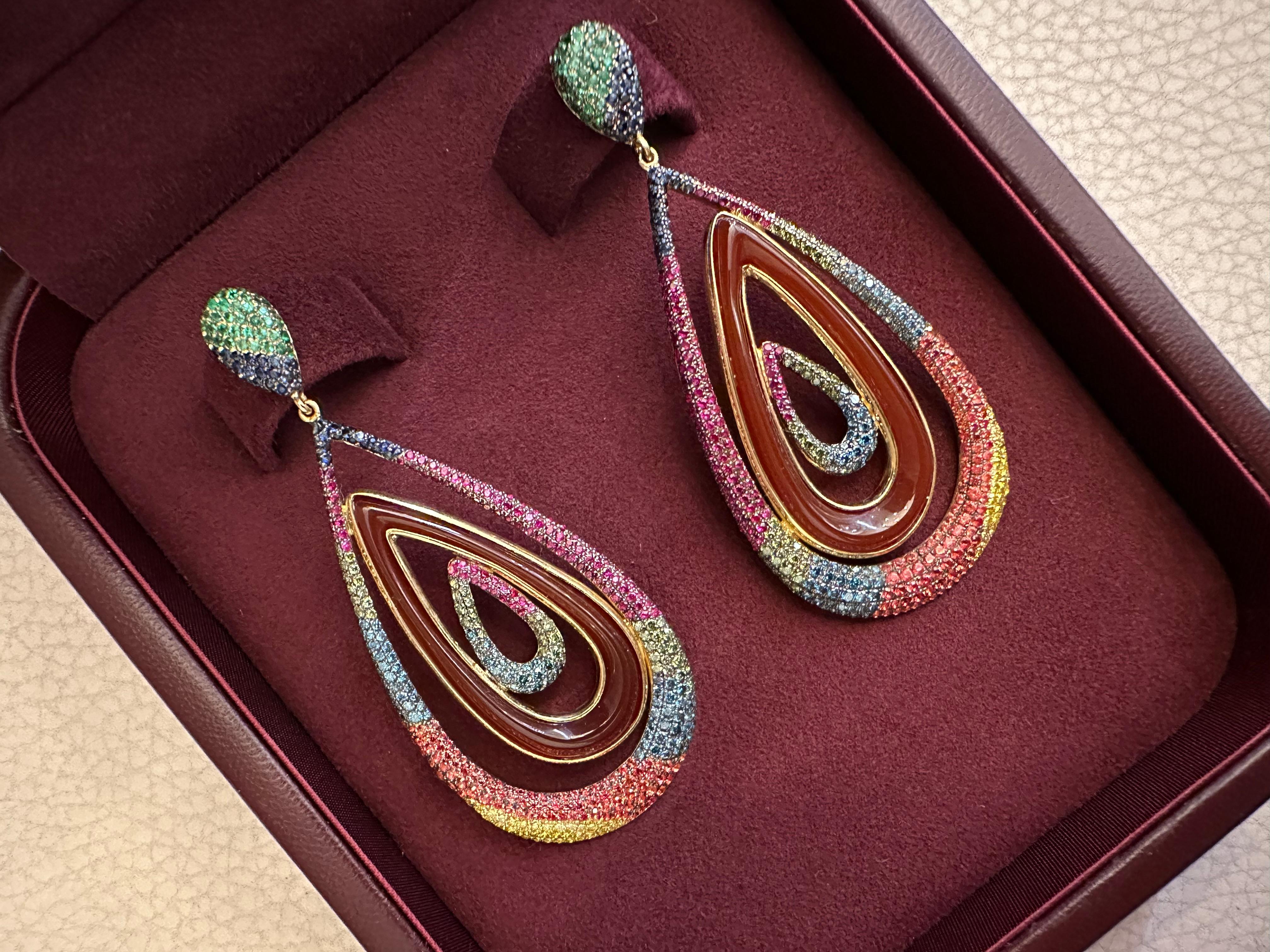 Red Agate, Sapphire, Emerald and Diamond Pear Drop Earrings set in Yellow Gold For Sale 1
