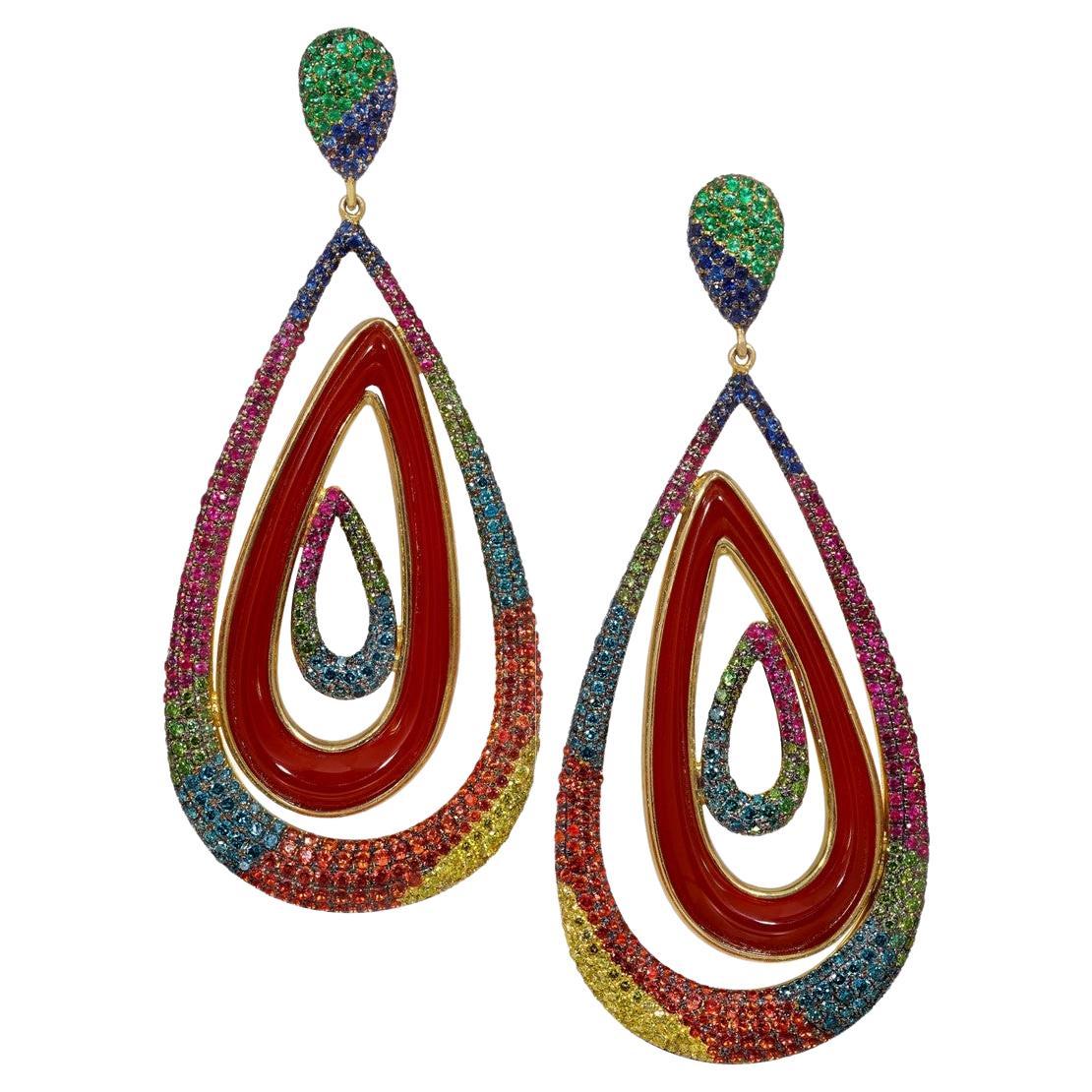Red Agate, Sapphire, Emerald and Diamond Pear Drop Earrings set in Yellow Gold