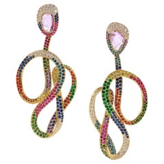 Rosior One-off Rose Cut Sapphire, Diamond and Emerald Yellow Gold Drop Earrings