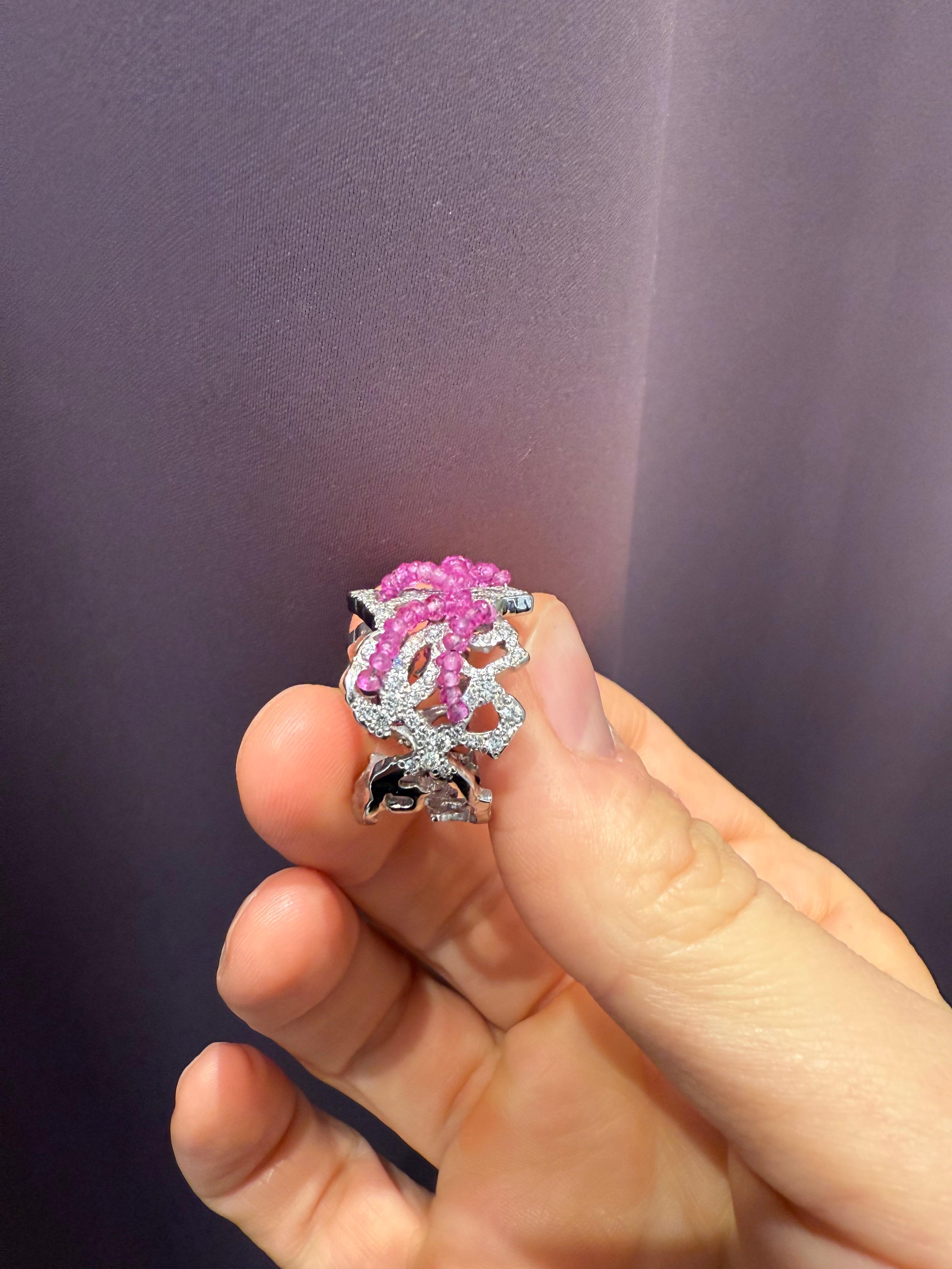 Rosior one-off Ruby Beads and Diamond Cocktail Ring set in White Gold For Sale 2