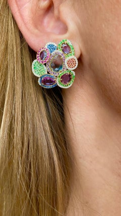 Rosior One-Off Sapphire, Diamond and Tsavorite Drop Earrings Set in Yellow Gold