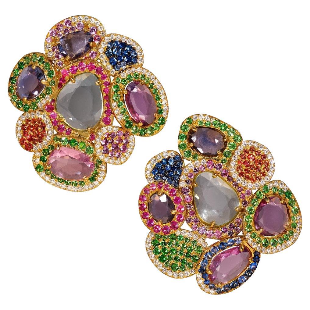 Rosior One-Off Sapphire, Diamond and Tsavorite Drop Earrings Set in Yellow Gold For Sale