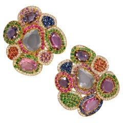 Rosior One-Off Sapphire, Diamond and Tsavorite Drop Earrings Set in Yellow Gold