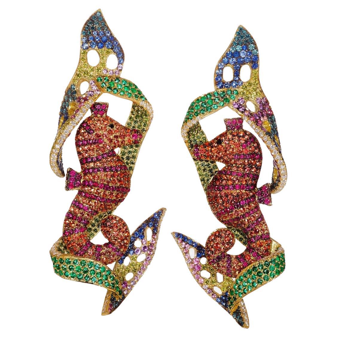 Rosior One-Off Seahorse Earrings with Diamonds, Sapphires, Emeralds and Rubies