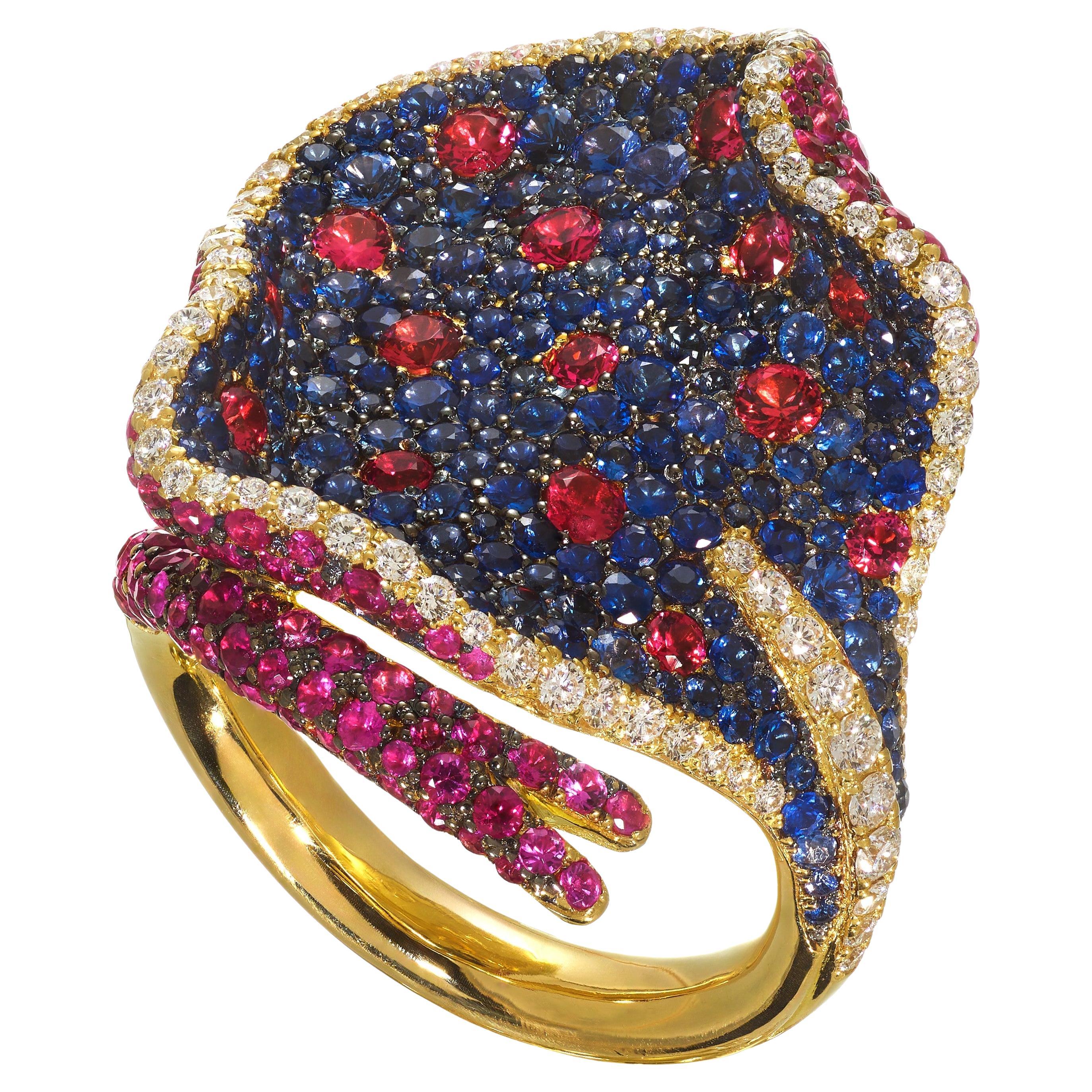 Rosior Anello da cocktail "Stingray" in oro giallo con spinelli incastonati, unico nel suo genere in vendita