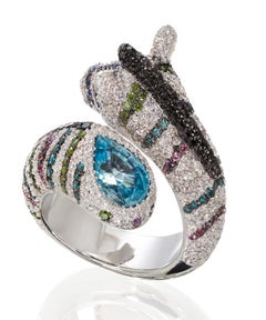 Contemporary White Gold "Zebra" Ring set with Diamonds, Sapphires and a Zircon