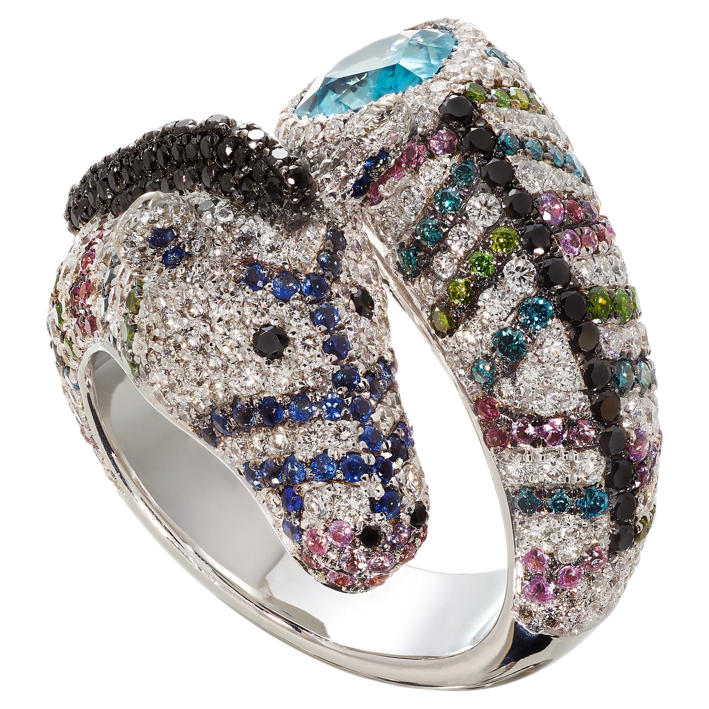 Contemporary White Gold "Zebra" Ring set with Diamonds, Sapphires and a Zircon