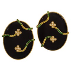 Rosior Onyx Earrings set in Yellow Gold with Diamonds and Tsavorite Garnets