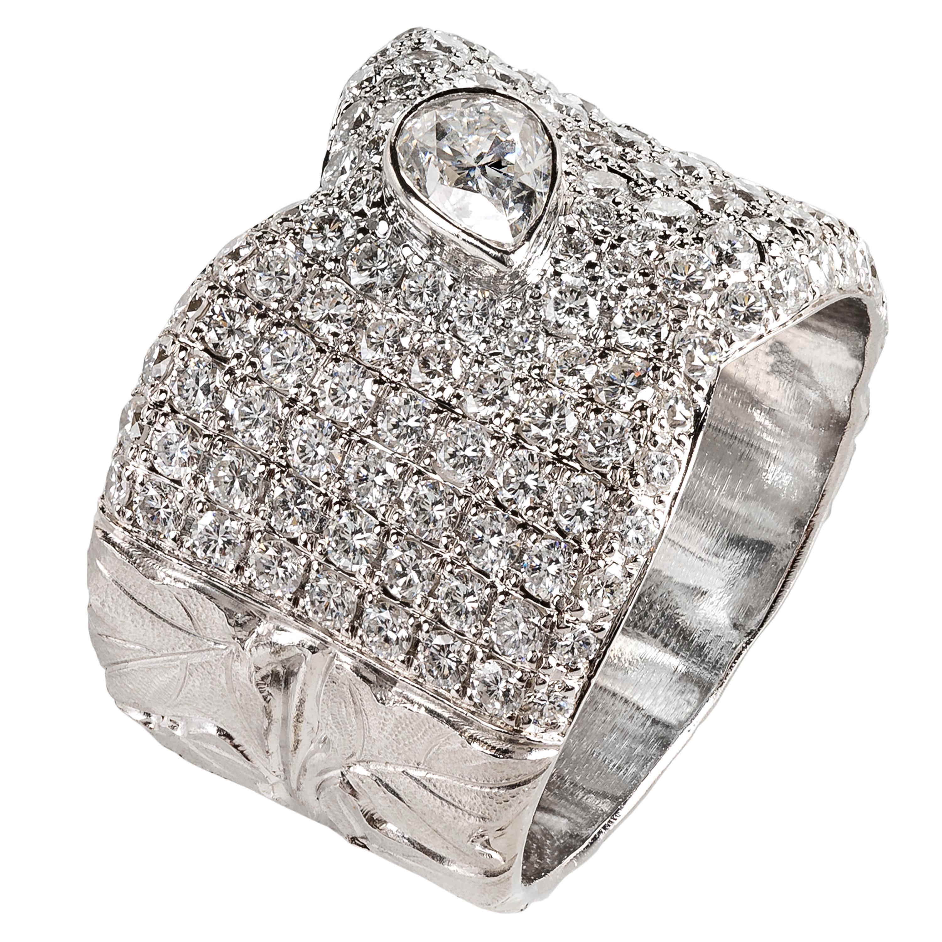 Rosior Pear and Round Cut Diamond Hand Chiseled Ring in Platinum For Sale