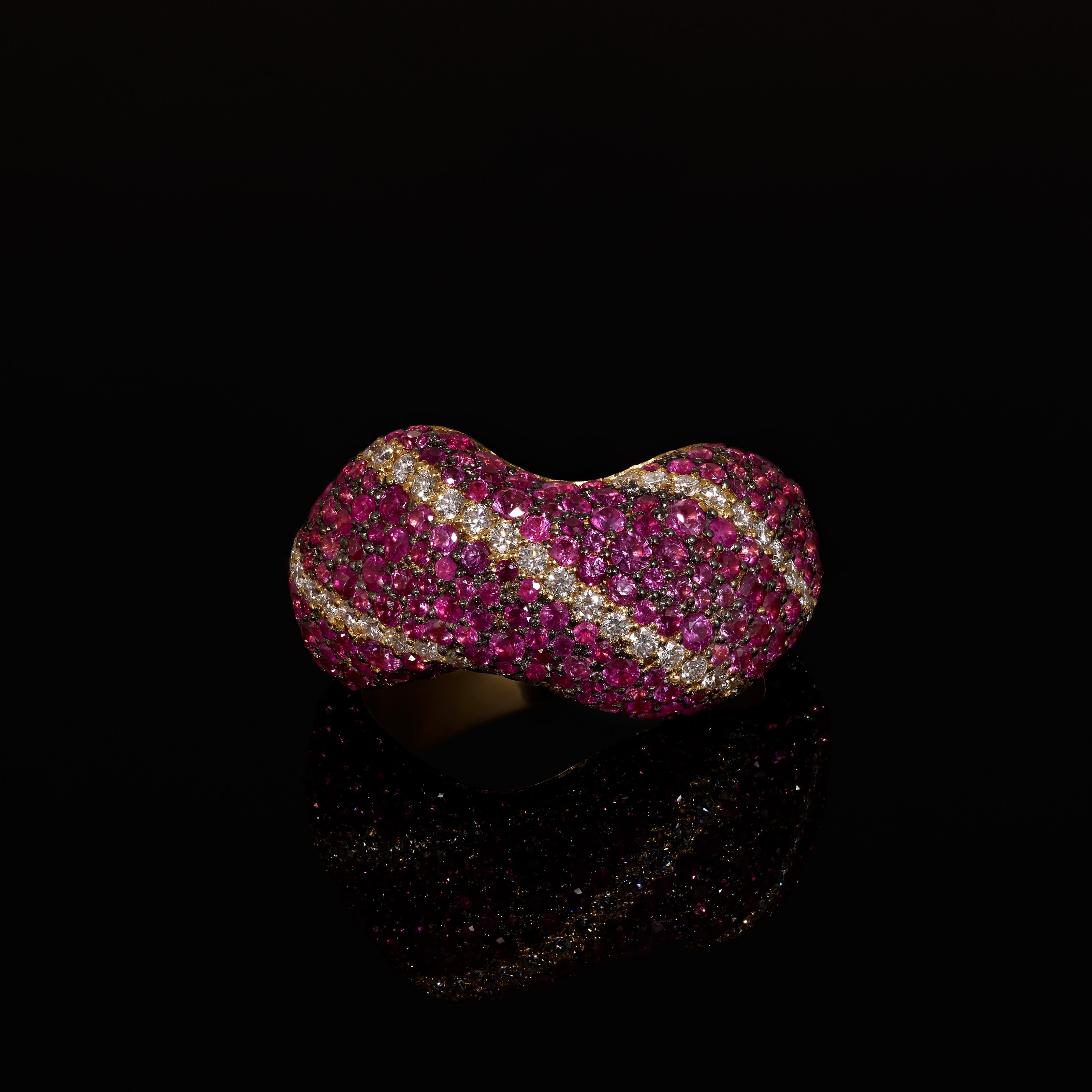 Brilliant Cut Rosior Pink Sapphire and Diamond Cocktail Ring set in Yellow Gold